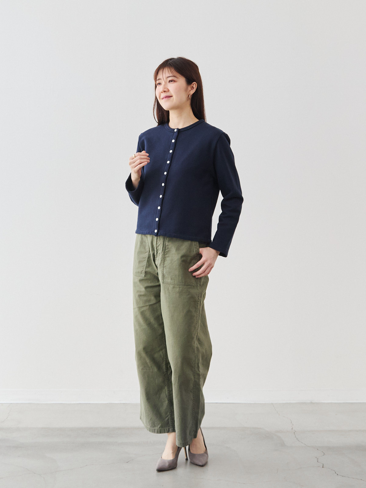 シンプルシック・フレンチテリーカーディガン/ダークネイビー モデル 171cm サイズ 38