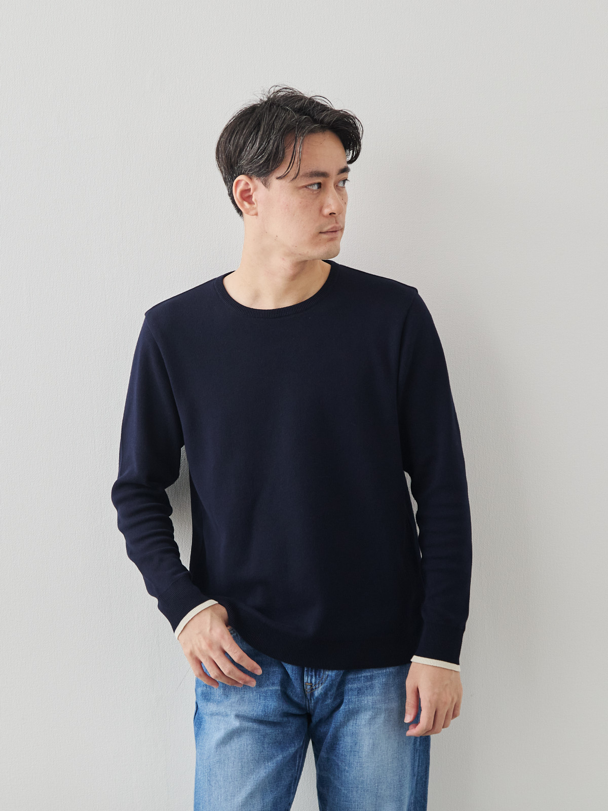 スムースリッチ 洗えるウールライクコットンニット/ネイビー