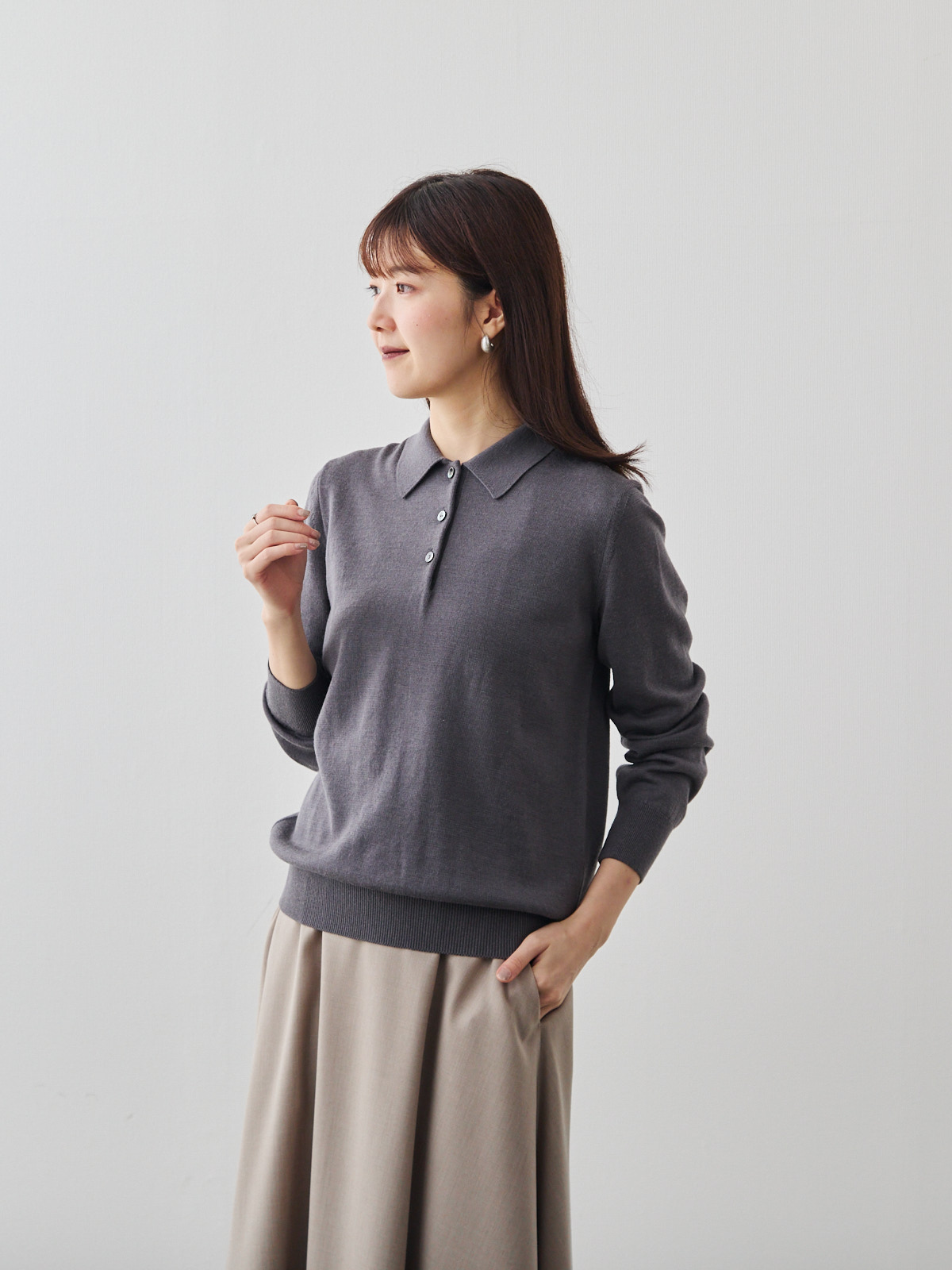 スムースタッチ・メリノウールポロニット/ウォッシャブル/ブラウングレー
