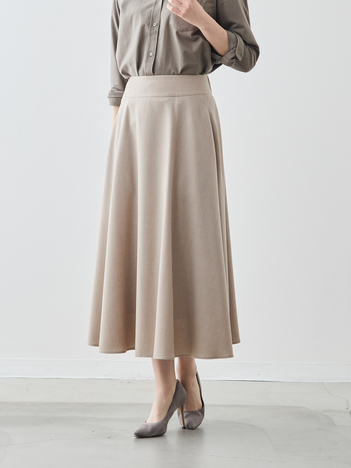 ウールブレンドフレアスカート/ウォッシャブル/ベージュ
