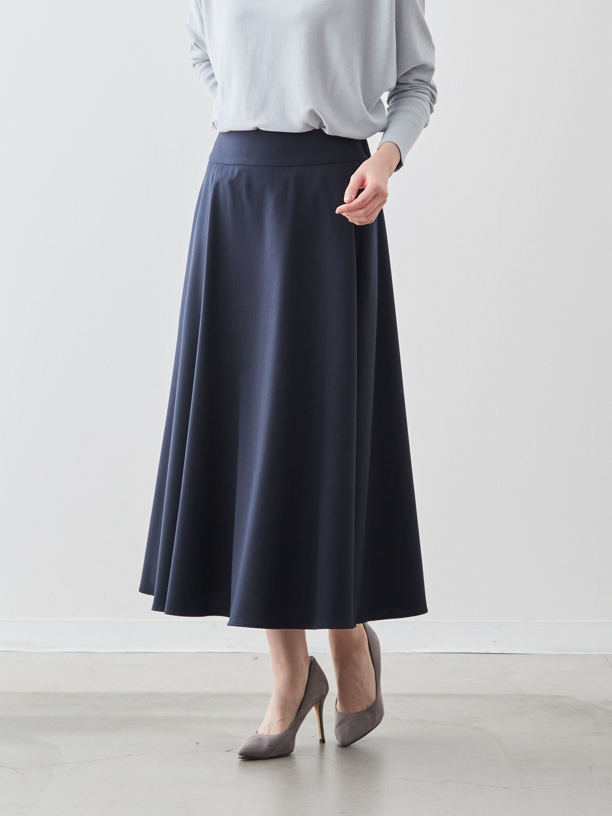 ウールブレンドフレアスカート/ウォッシャブル/ネイビー