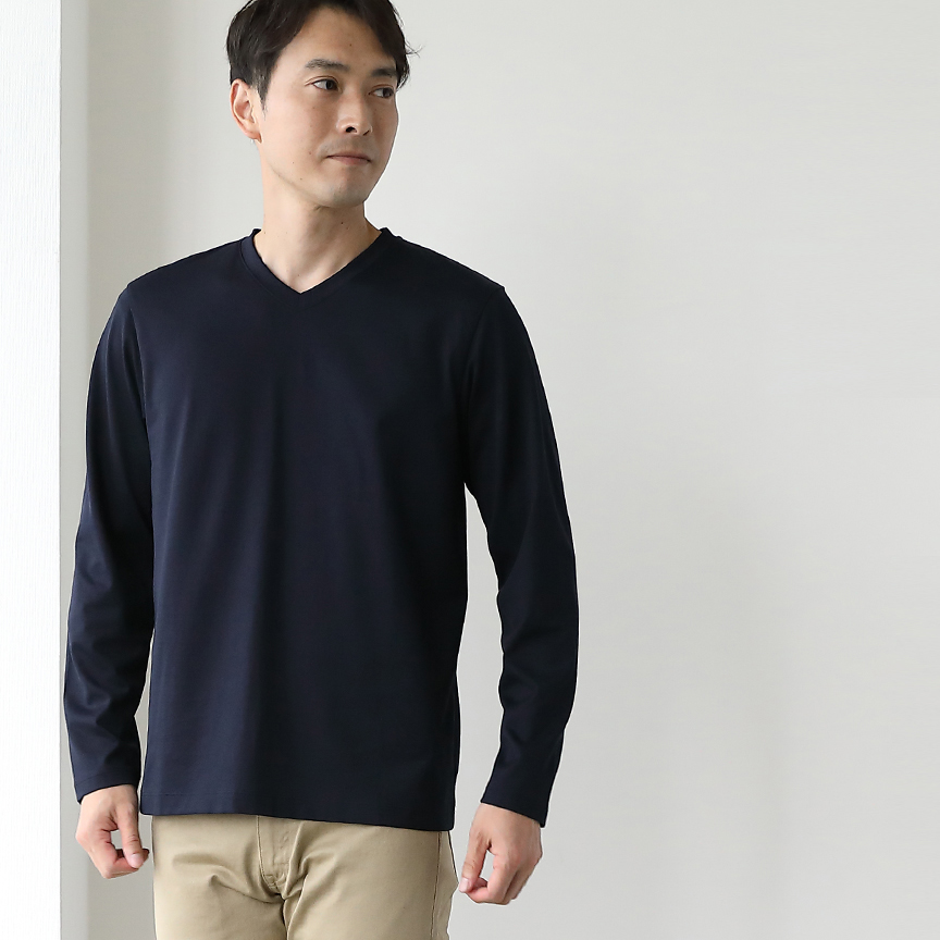 ドレスtシャツvネック長袖 ネイビー Factelier ファクトリエ