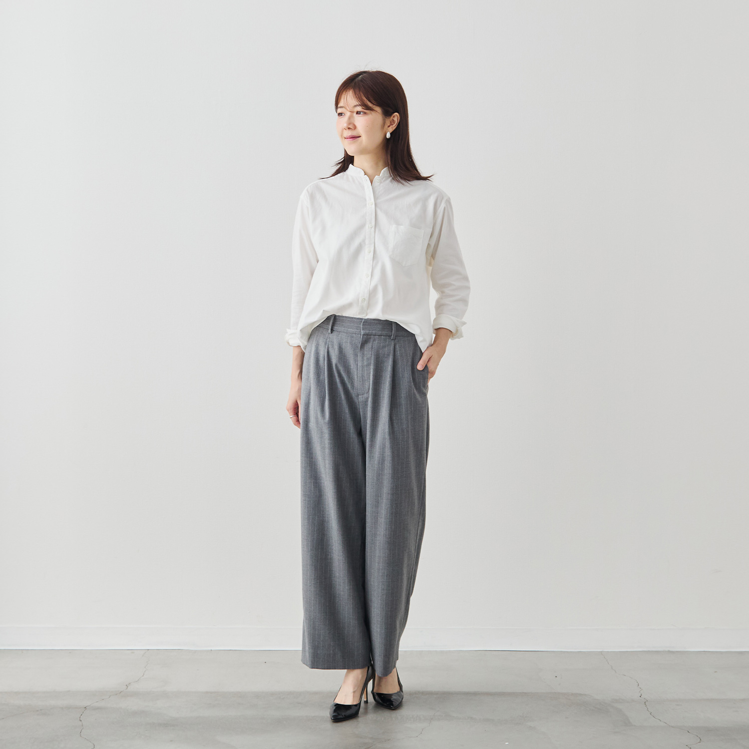 上質イージースラックス/ストライプ/ウォッシャブル/グレー