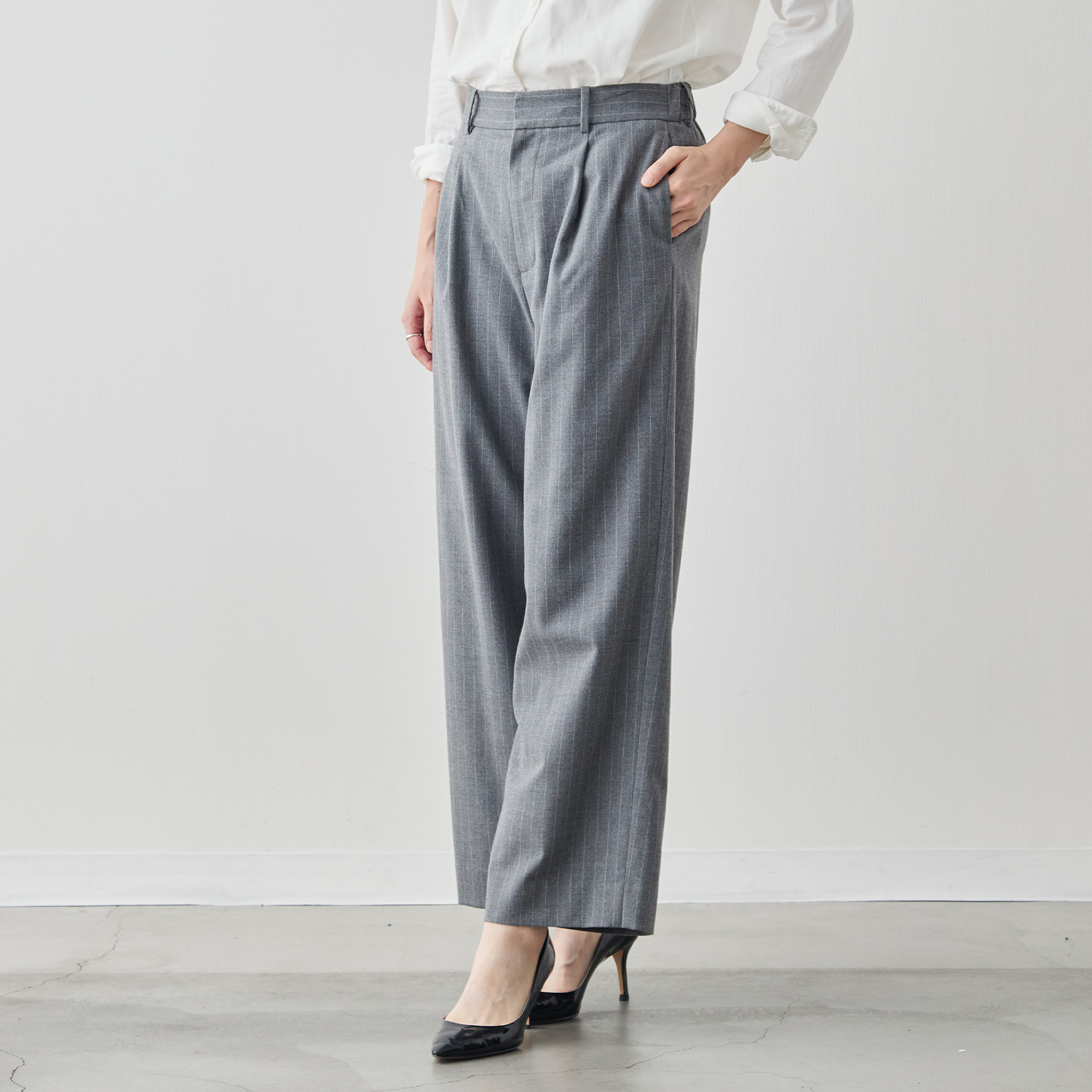 上質イージースラックス/ストライプ/ウォッシャブル/グレー