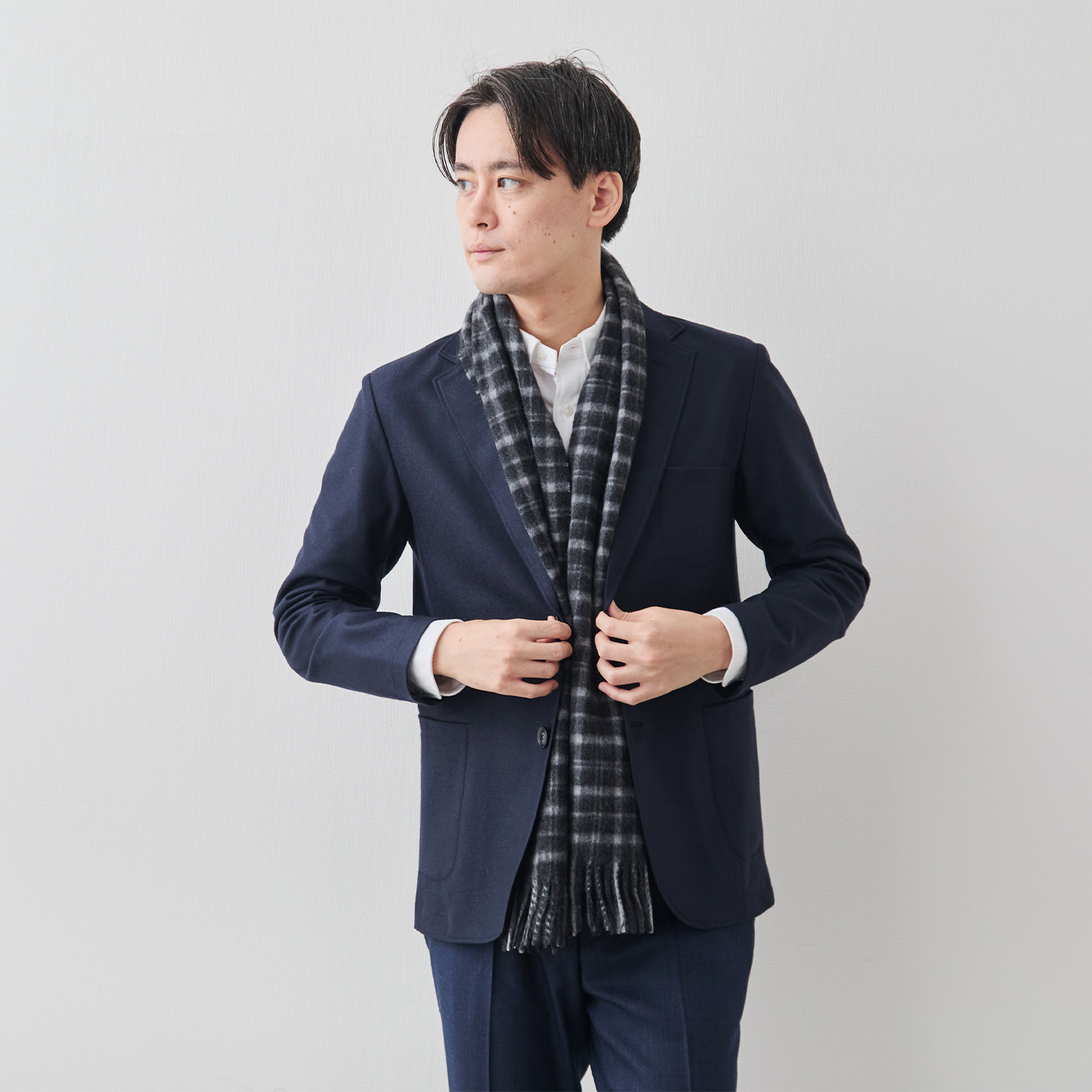 カシミヤ100%・Airyチェックマフラー/トーナルグレー | Factelier