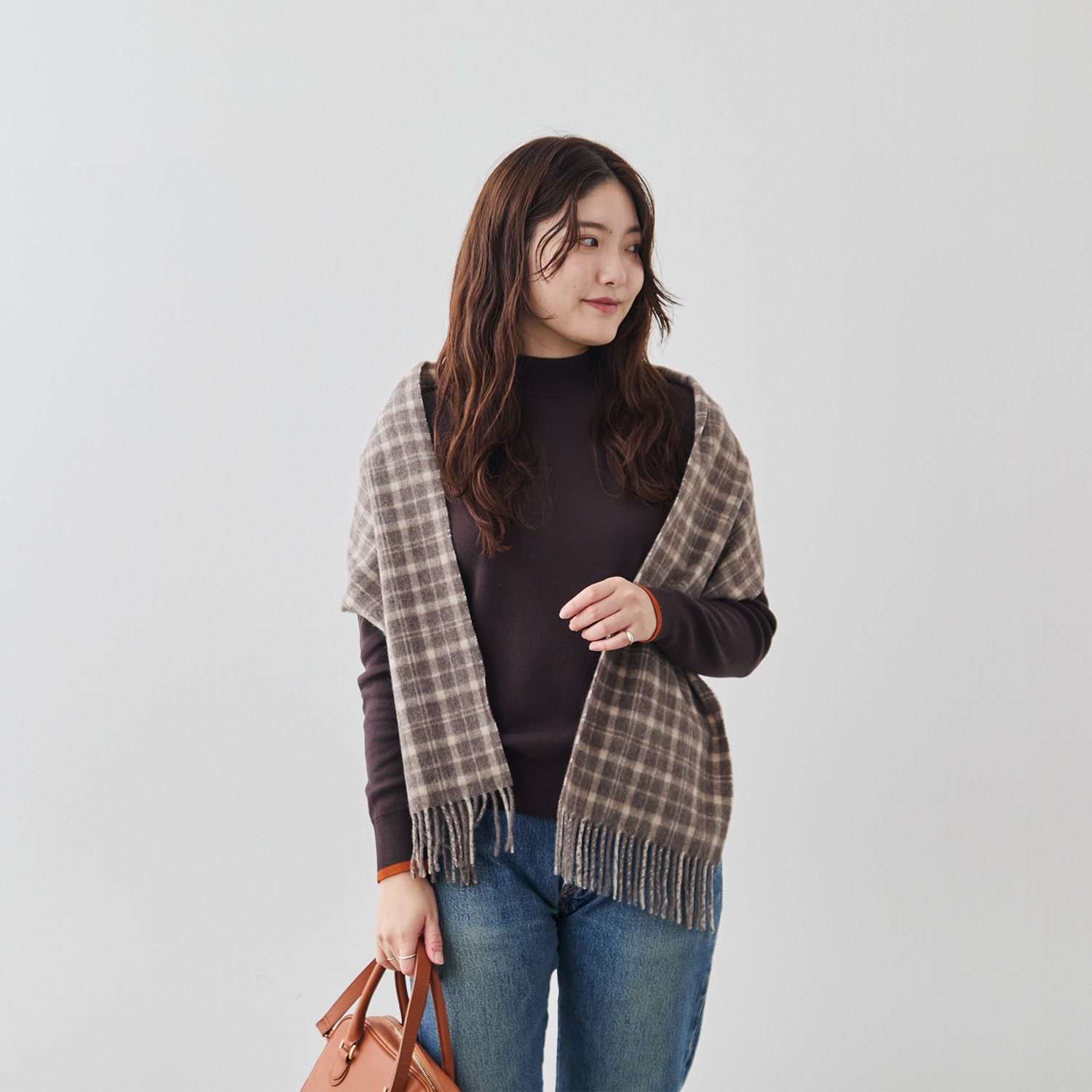 カシミヤ100%・Airyチェックマフラー/トーナルブラウン | Factelier