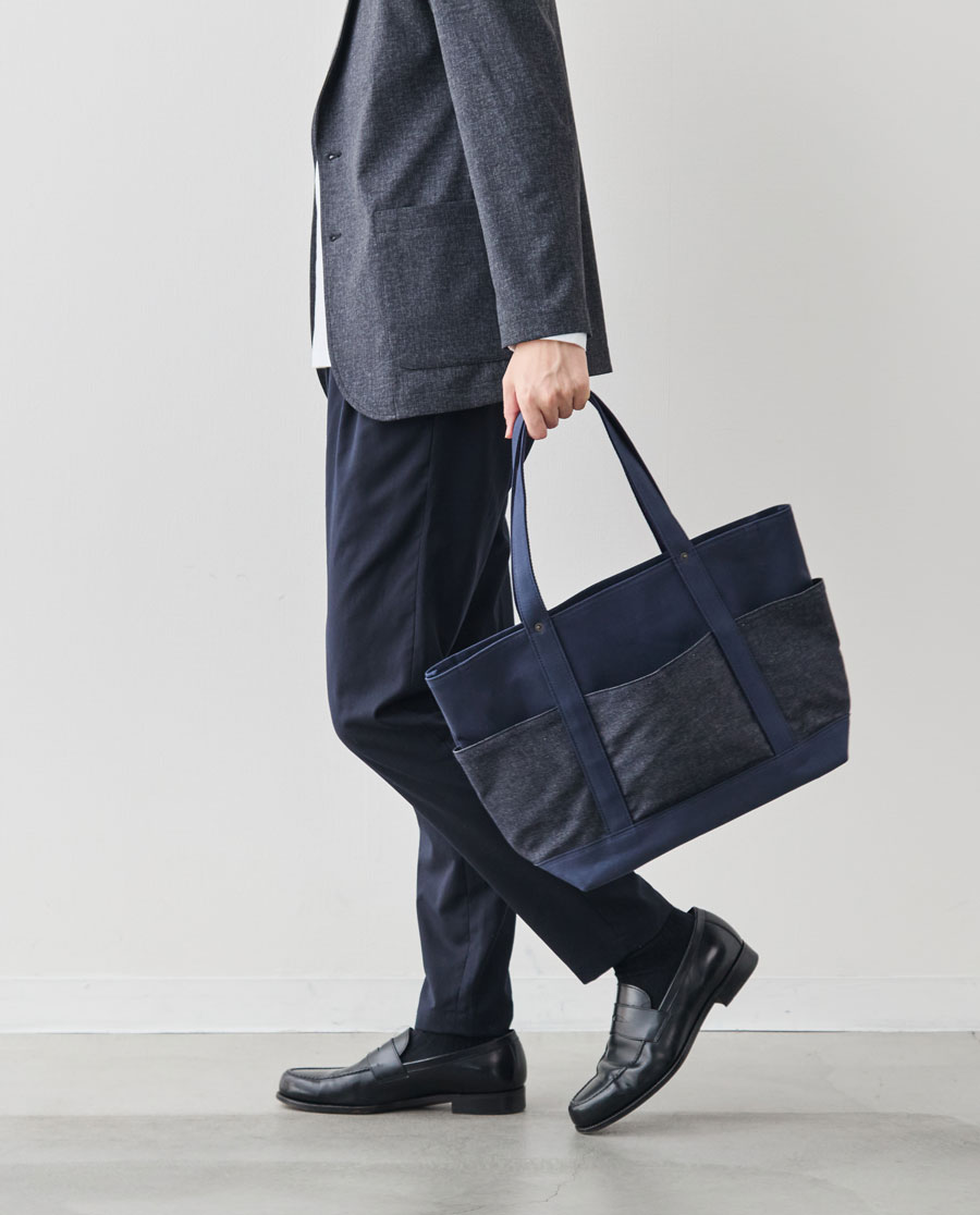 帆布×デニムの6ポケット2wayトート/ネイビー×インディゴ | Factelier