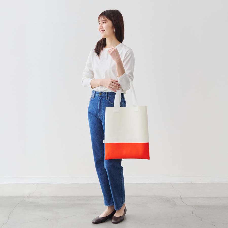 撥水ニット・バイカラートート/アイボリー×オレンジ | Factelier