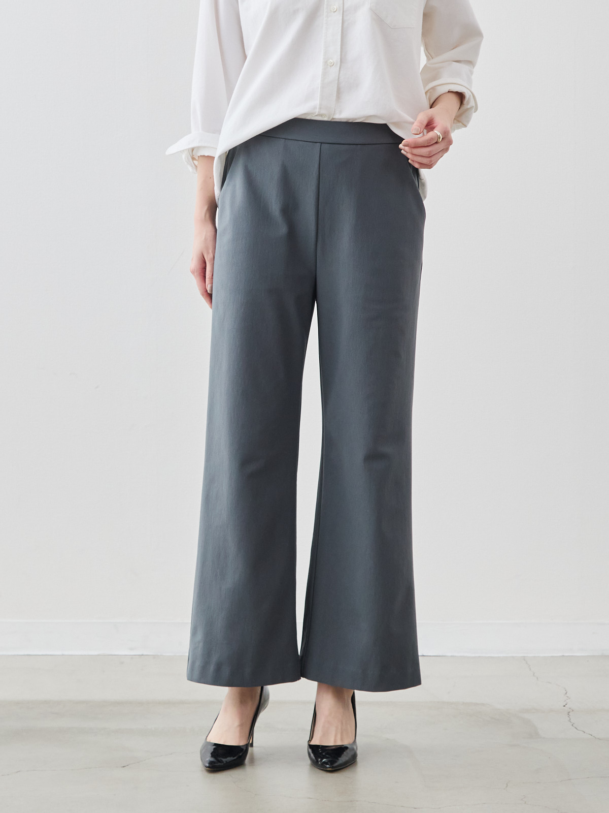 360°ストレッチの裏起毛セミワイドパンツ/ウールライク/ダークグレー