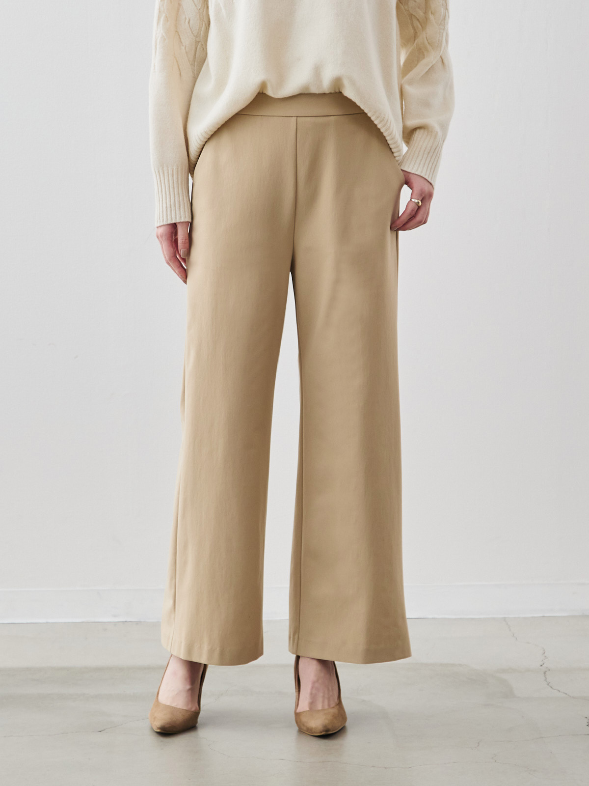 360°ストレッチの裏起毛セミワイドパンツ/ウールライク/ベージュ