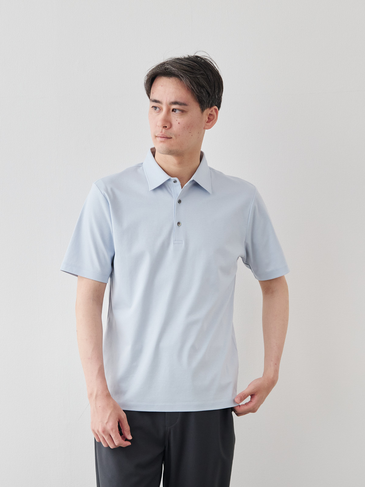 上質コットン100%のドレスポロシャツ/レギュラーカラー/サックス