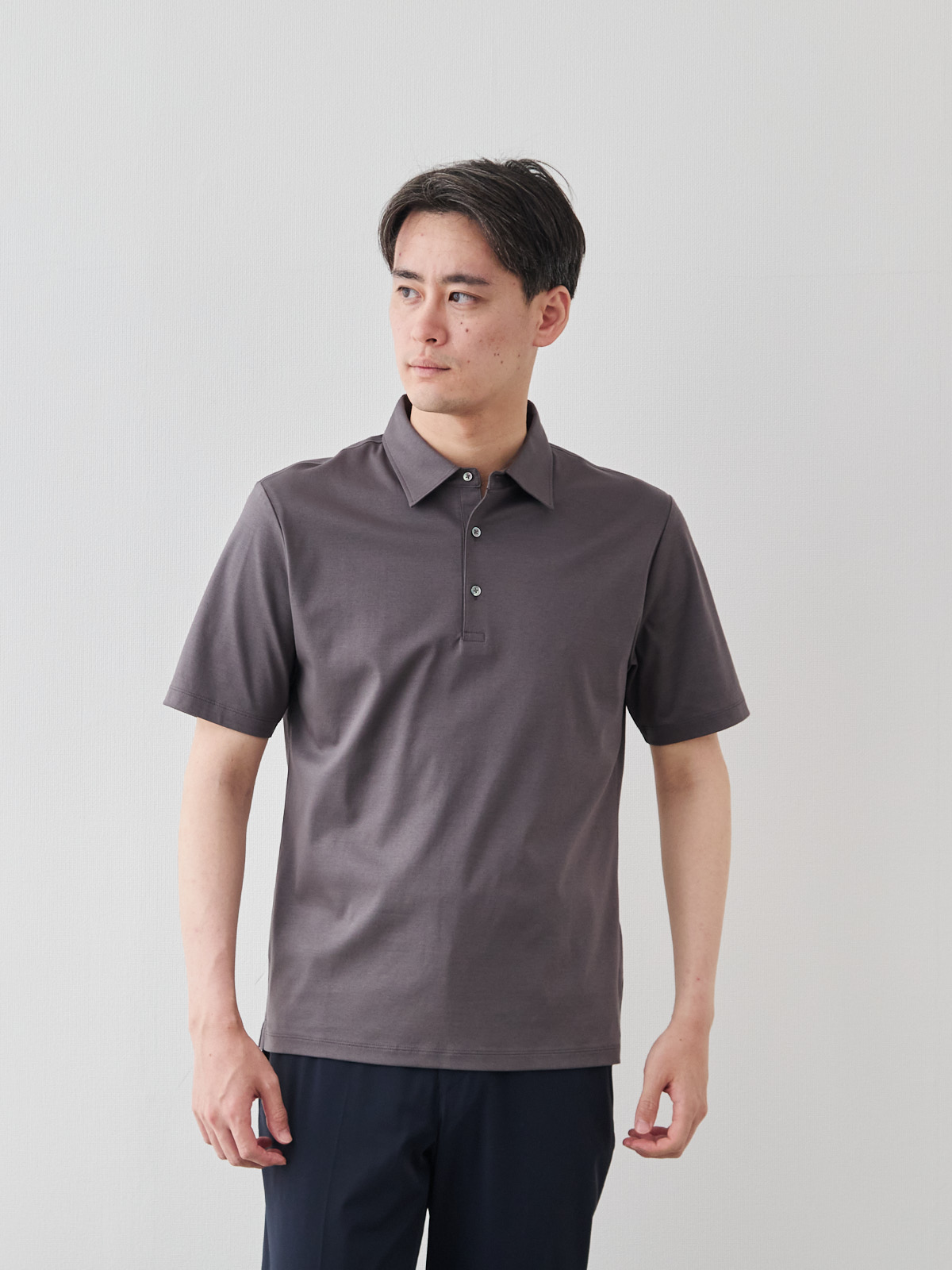 上質コットン100%のドレスポロシャツ/レギュラーカラー/ブラウングレー