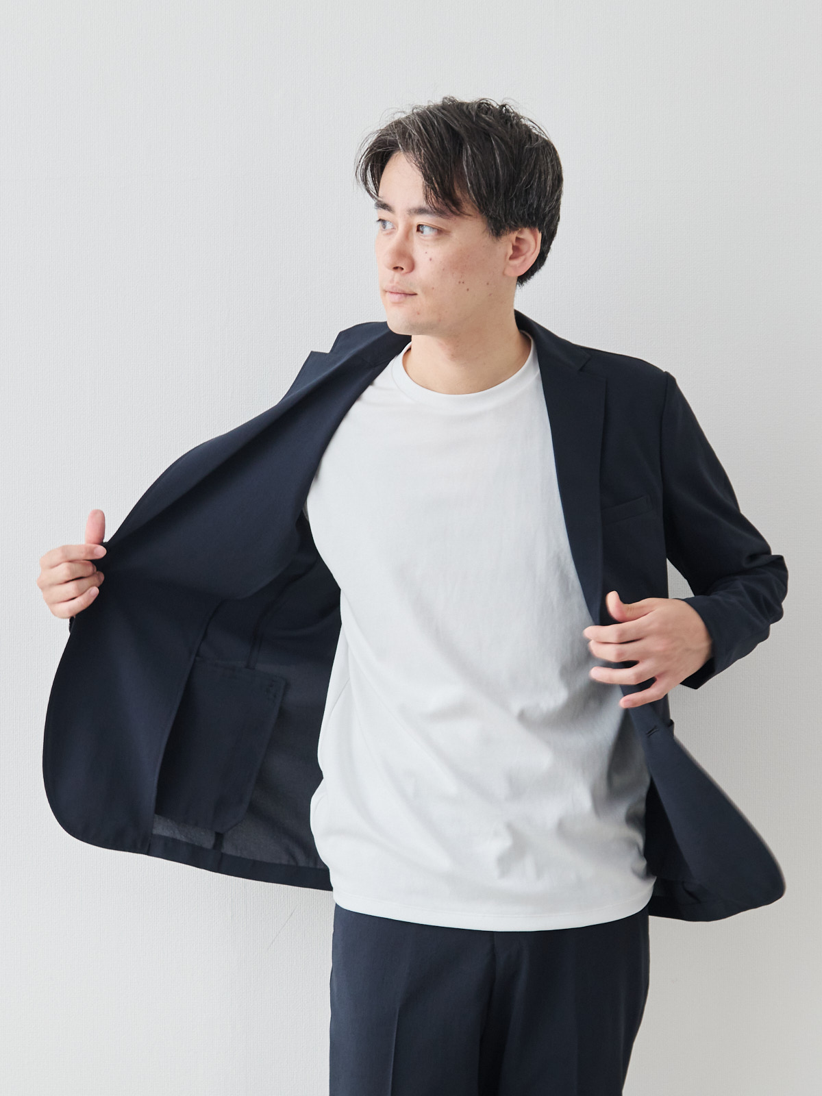 “風、抜ける” ドライサマー ジャケット/ウォッシャブル/ダークネイビー モデル 181cm 71kg ウエスト82cm サイズ L