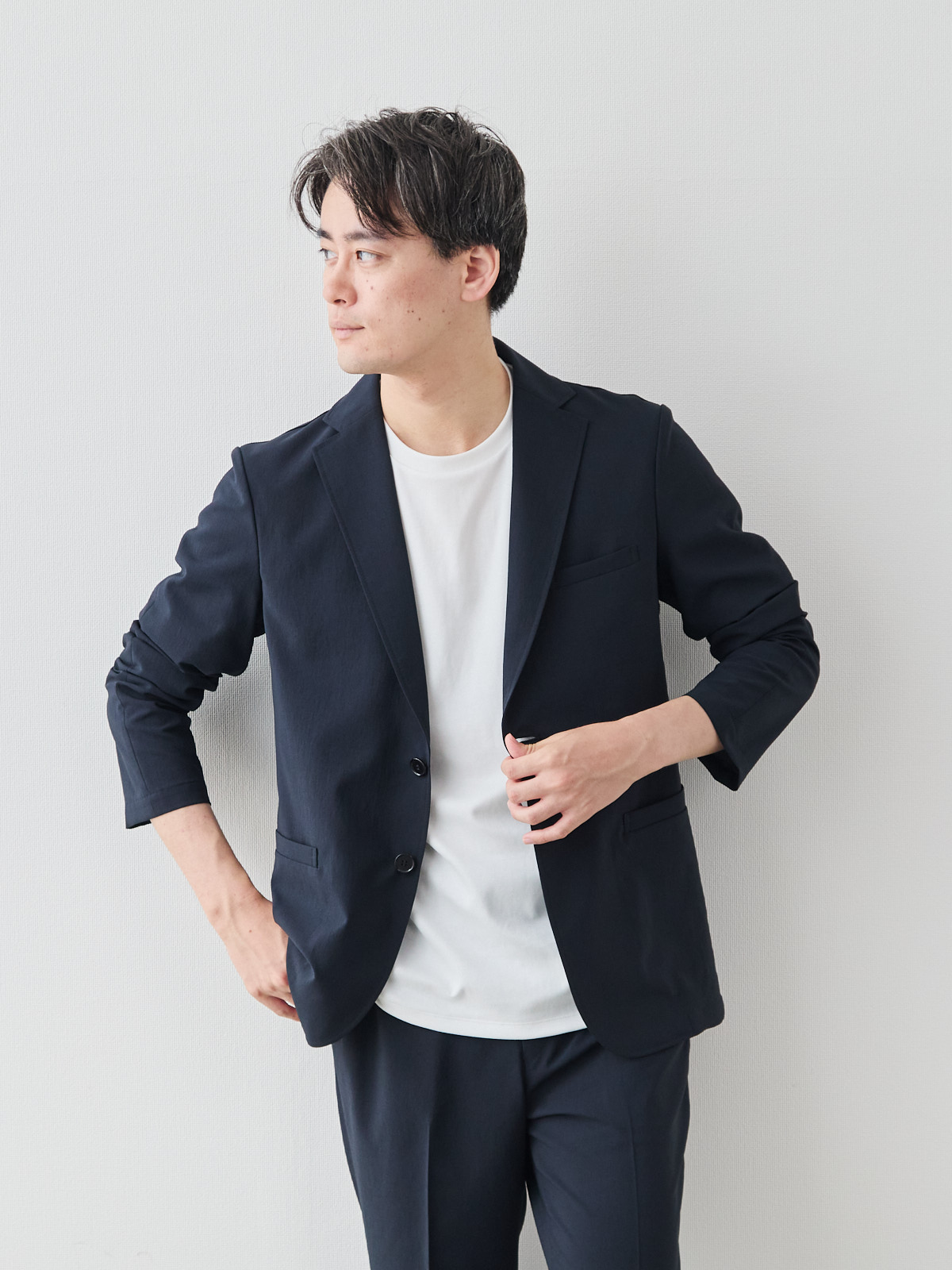 “風、抜ける” ドライサマー ジャケット/ウォッシャブル/ダークネイビー モデル 181cm 71kg ウエスト82cm サイズ L