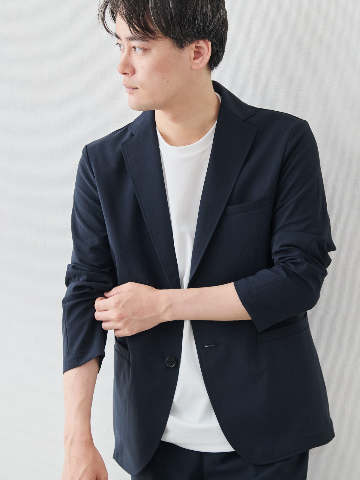 “風、抜ける” ドライサマー ジャケット/ウォッシャブル/ダークネイビー モデル 181cm 71kg ウエスト82cm サイズ L