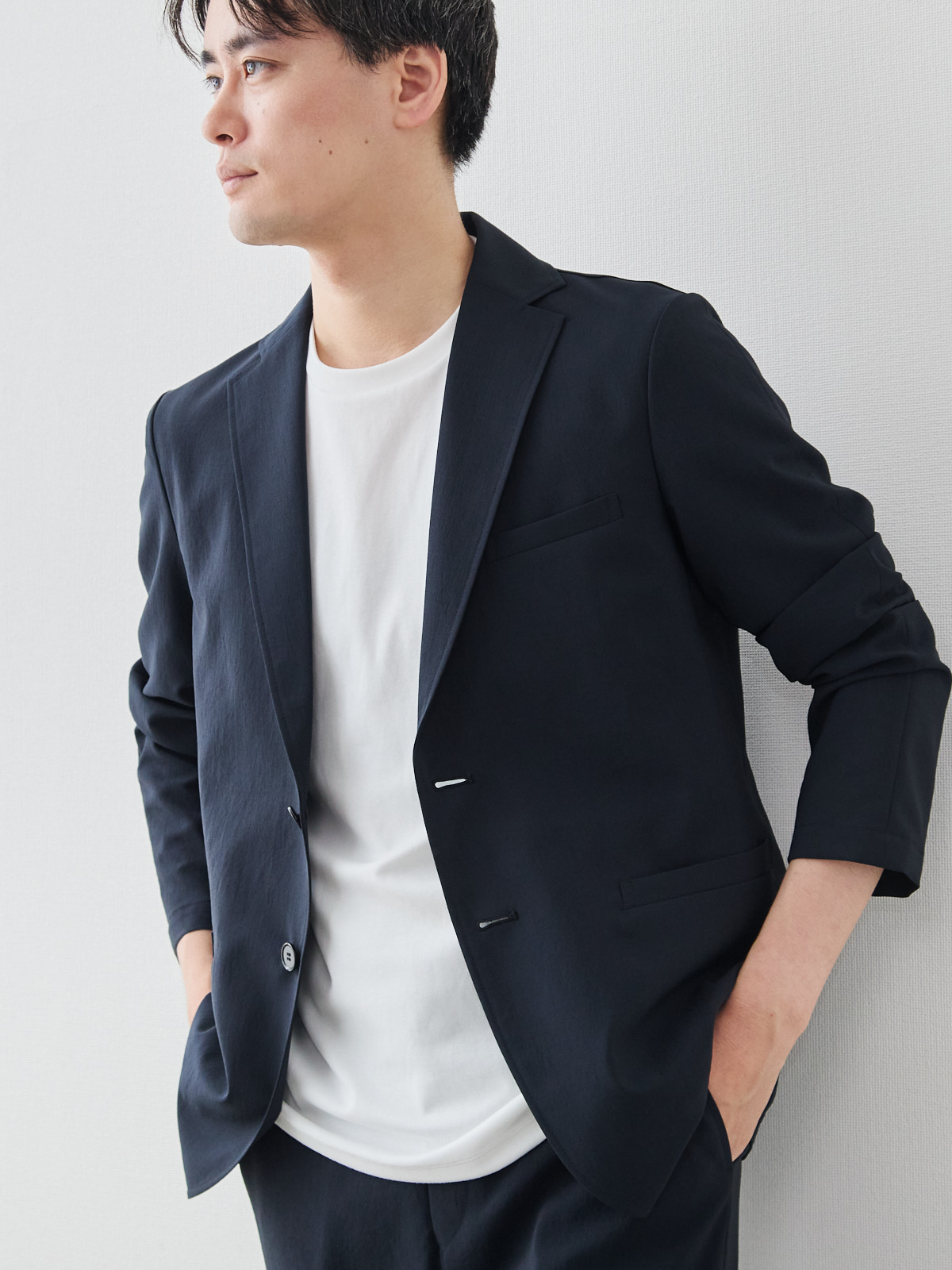 “風、抜ける” ドライサマー ジャケット/ウォッシャブル/ダークネイビー モデル 181cm 71kg ウエスト82cm サイズ L