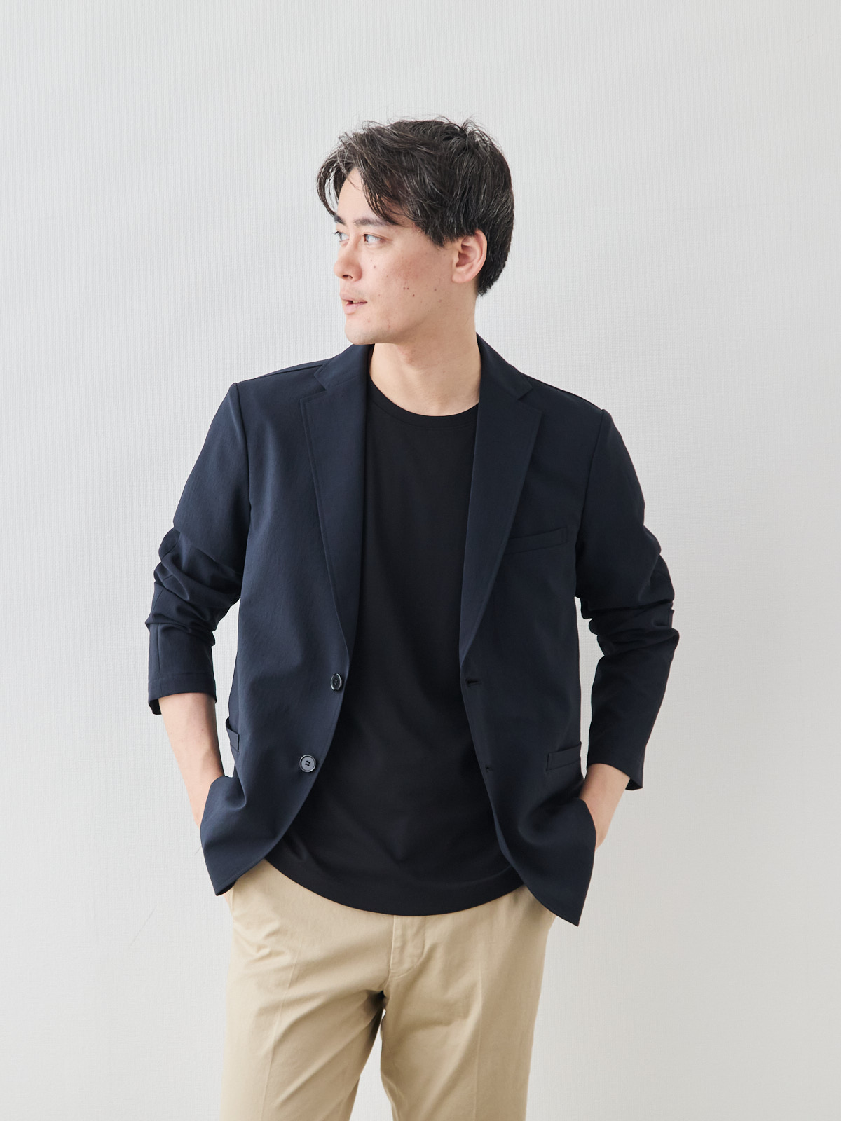 “風、抜ける” ドライサマー ジャケット/ウォッシャブル/ダークネイビー モデル 181cm 71kg ウエスト82cm サイズ L