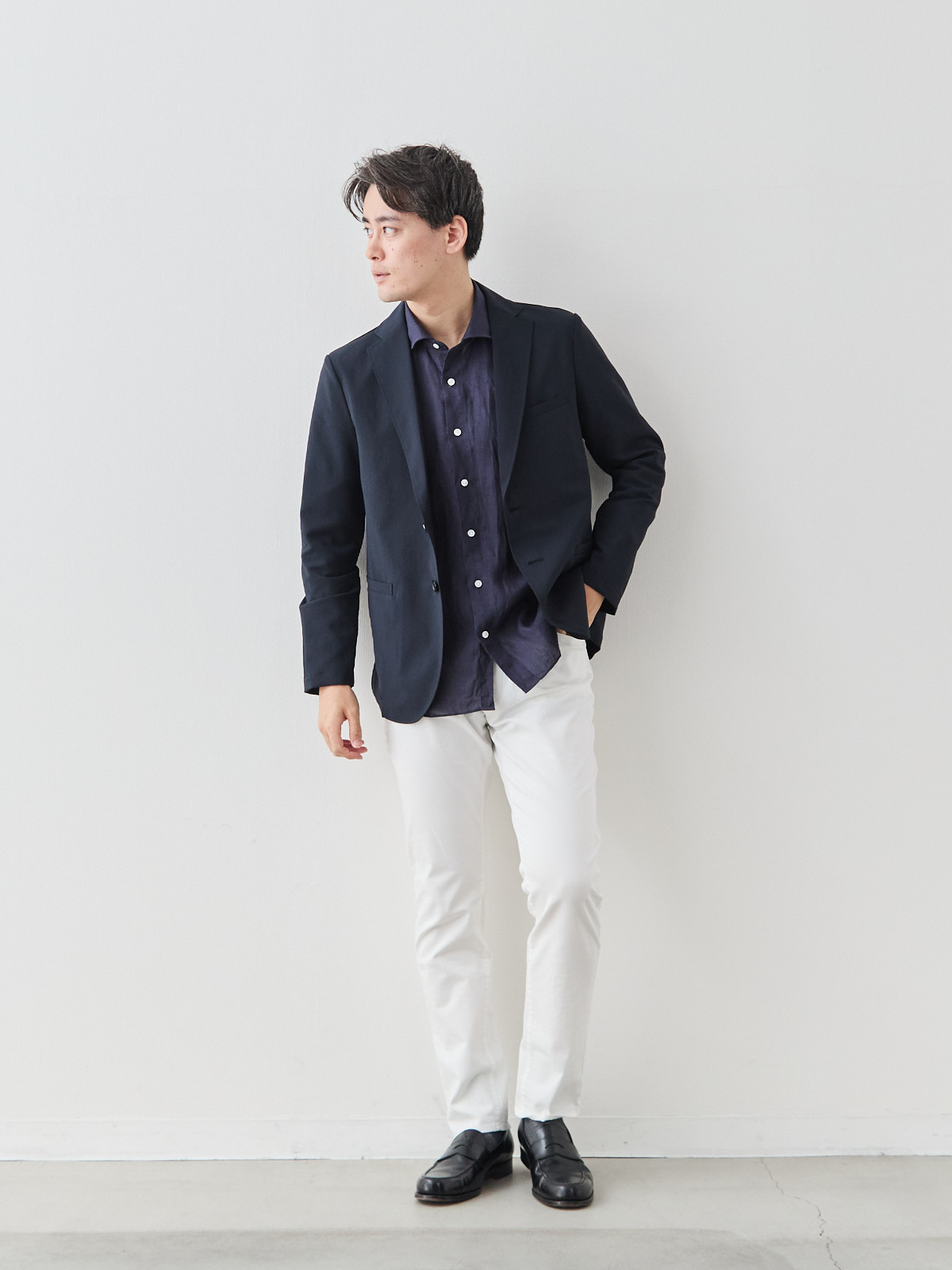 “風、抜ける” ドライサマー ジャケット/ウォッシャブル/ダークネイビー モデル 181cm 71kg ウエスト82cm サイズ L