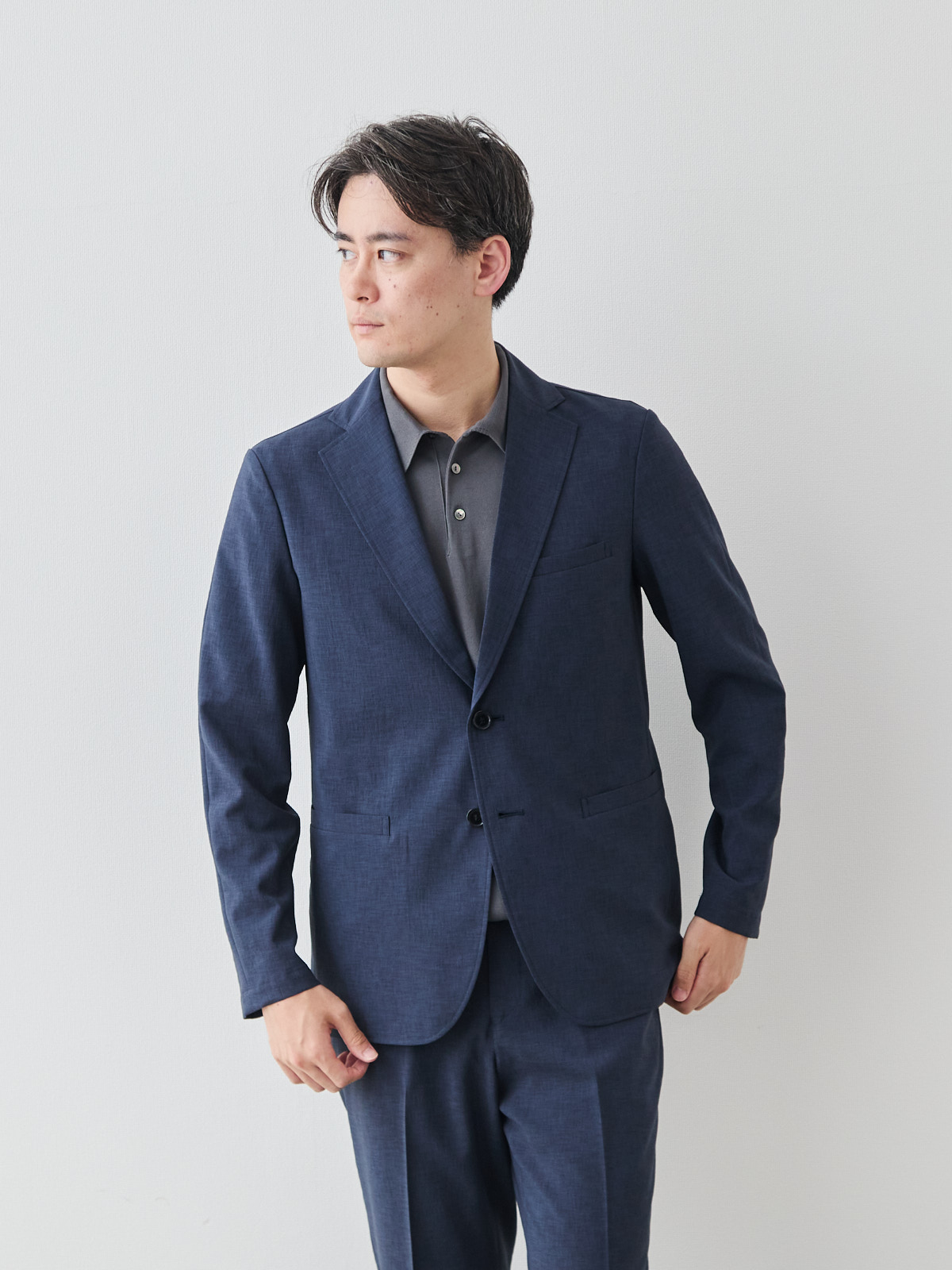 “風、抜ける” ドライサマー ジャケット/ウォッシャブル/ブルーネイビー モデル 181cm 71kg ウエスト82cm サイズ L