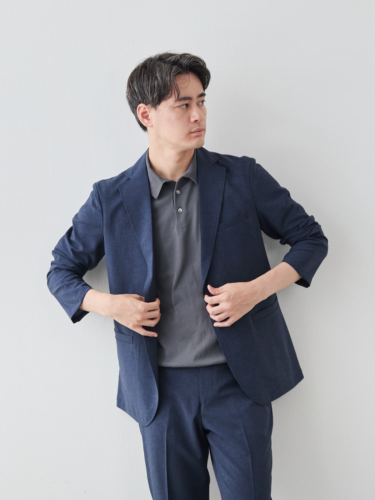 “風、抜ける” ドライサマー ジャケット/ウォッシャブル/ブルーネイビー モデル 181cm 71kg ウエスト82cm サイズ L