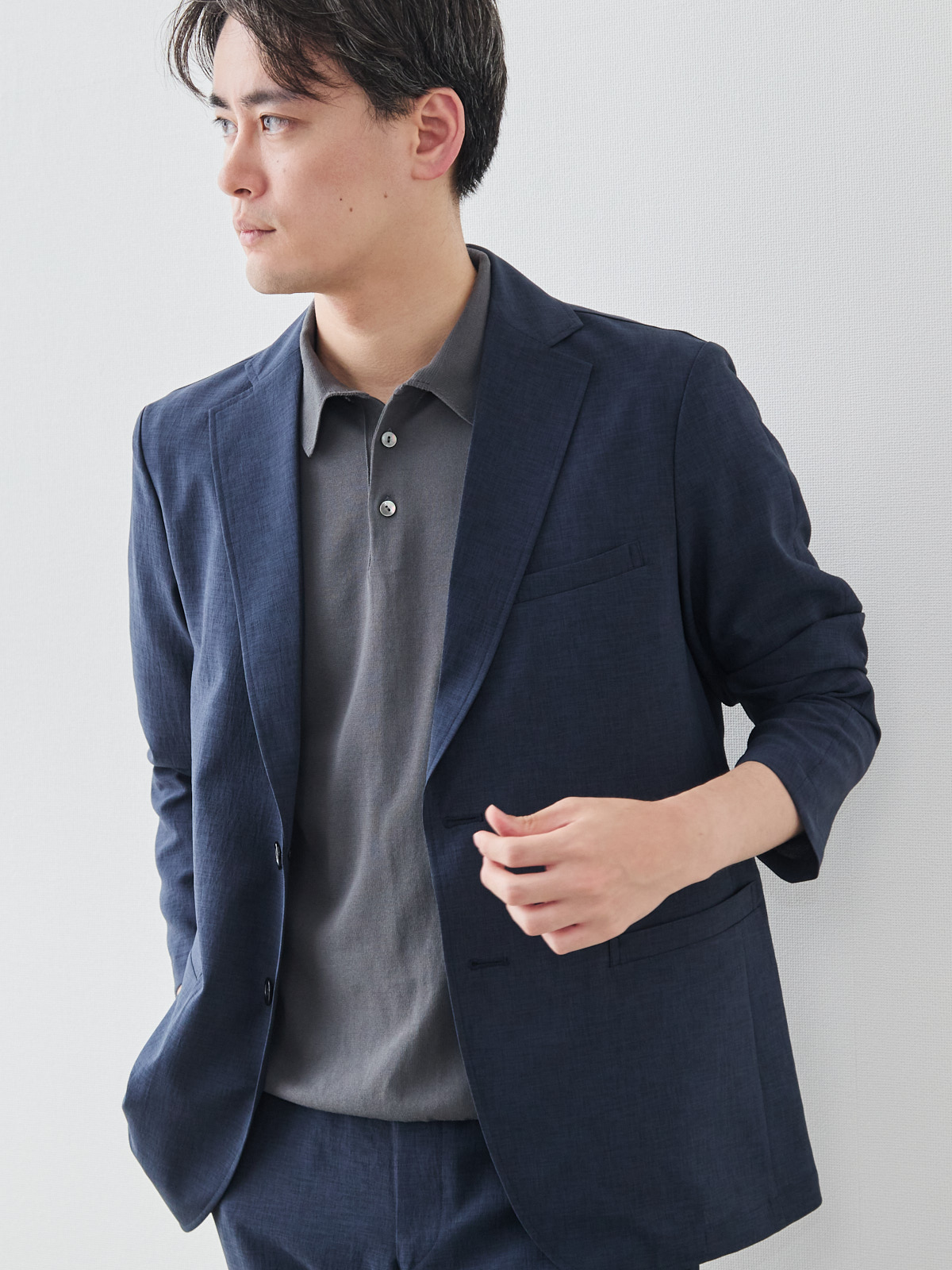 “風、抜ける” ドライサマー ジャケット/ウォッシャブル/ブルーネイビー モデル 181cm 71kg ウエスト82cm サイズ L