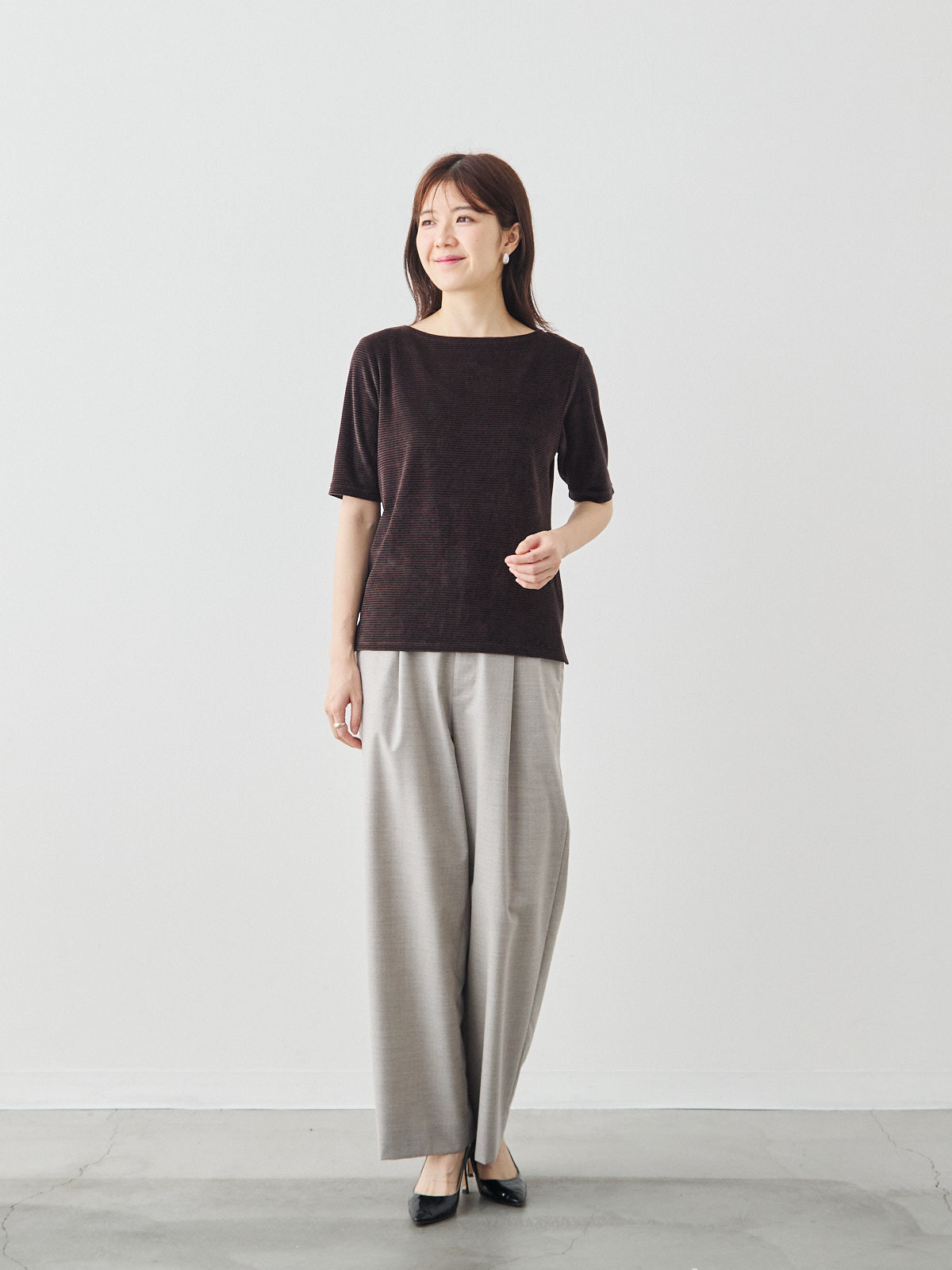 コットンベロア5分袖Tシャツ/ブラウン モデル 171cm サイズ 38