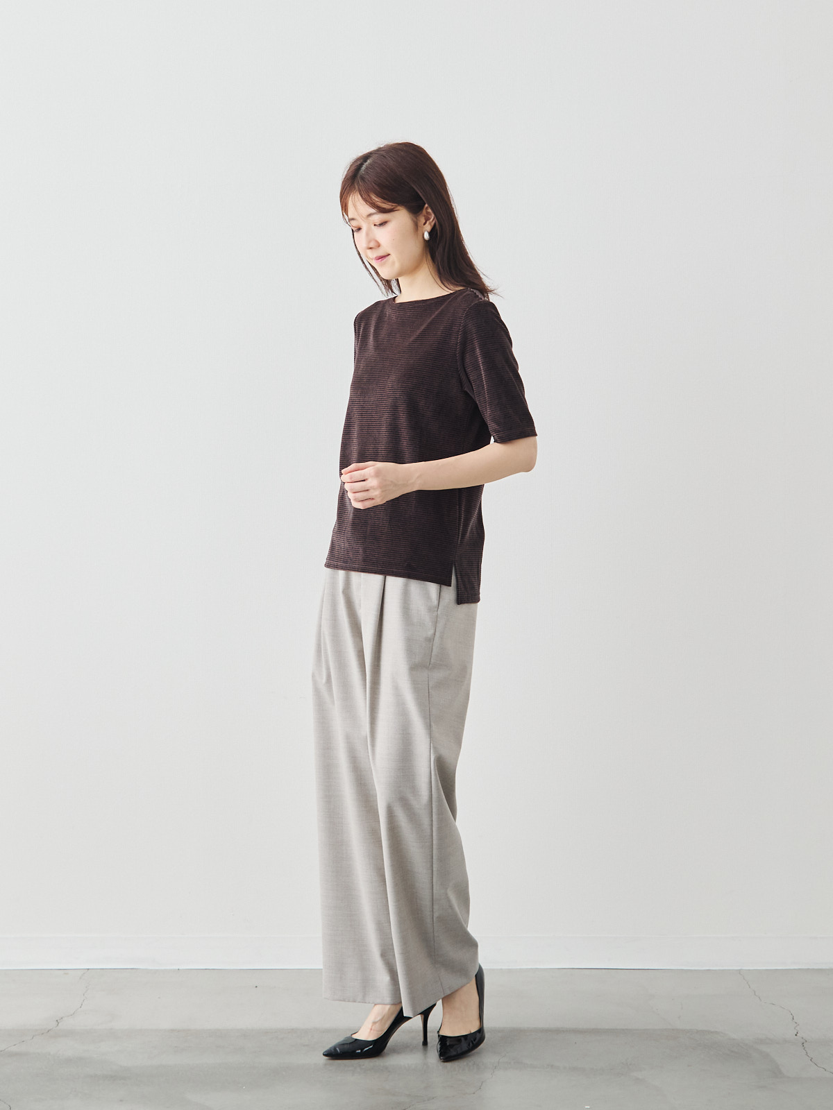 コットンベロア5分袖Tシャツ/ブラウン モデル 171cm サイズ 38