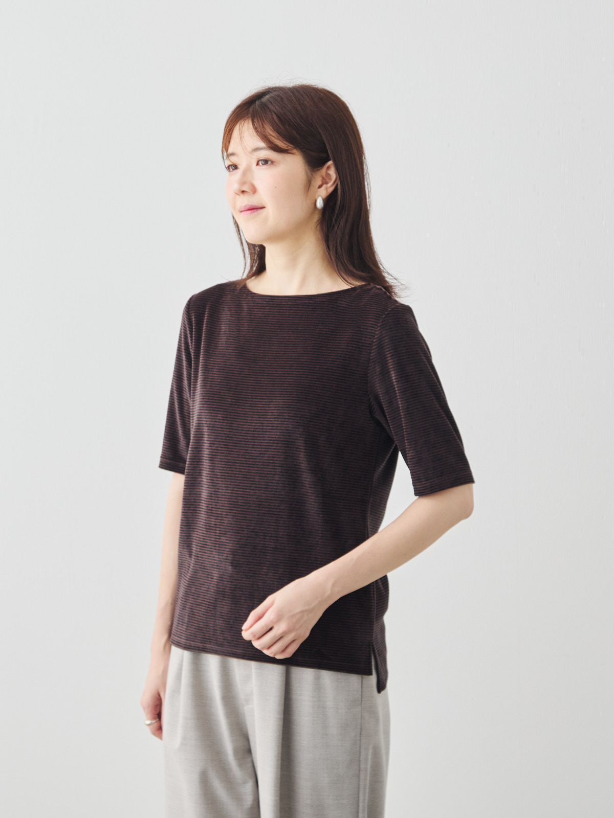 コットンベロア5分袖Tシャツ/ブラウン モデル 171cm サイズ 38