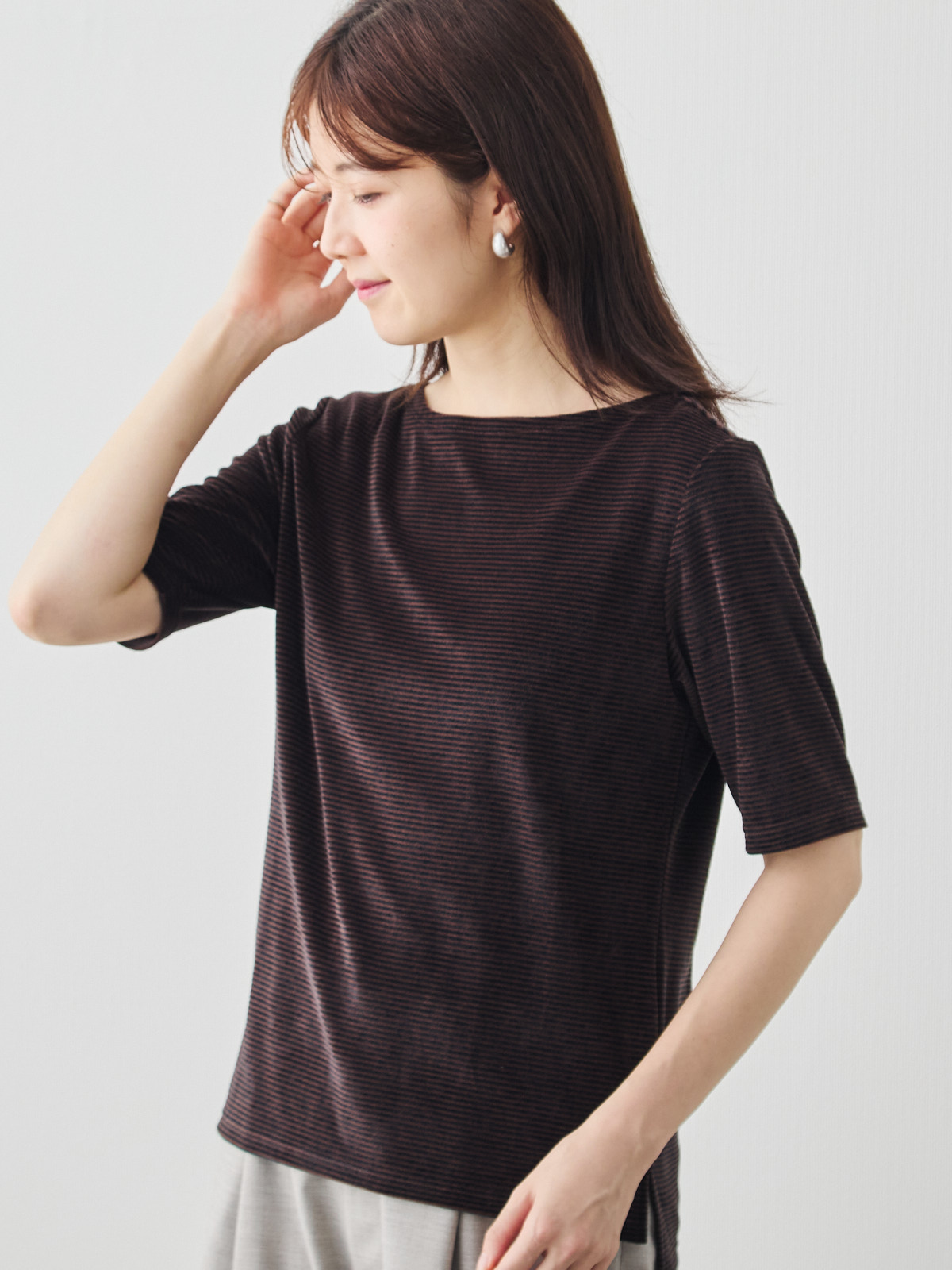 コットンベロア5分袖Tシャツ/ブラウン モデル 171cm サイズ 38