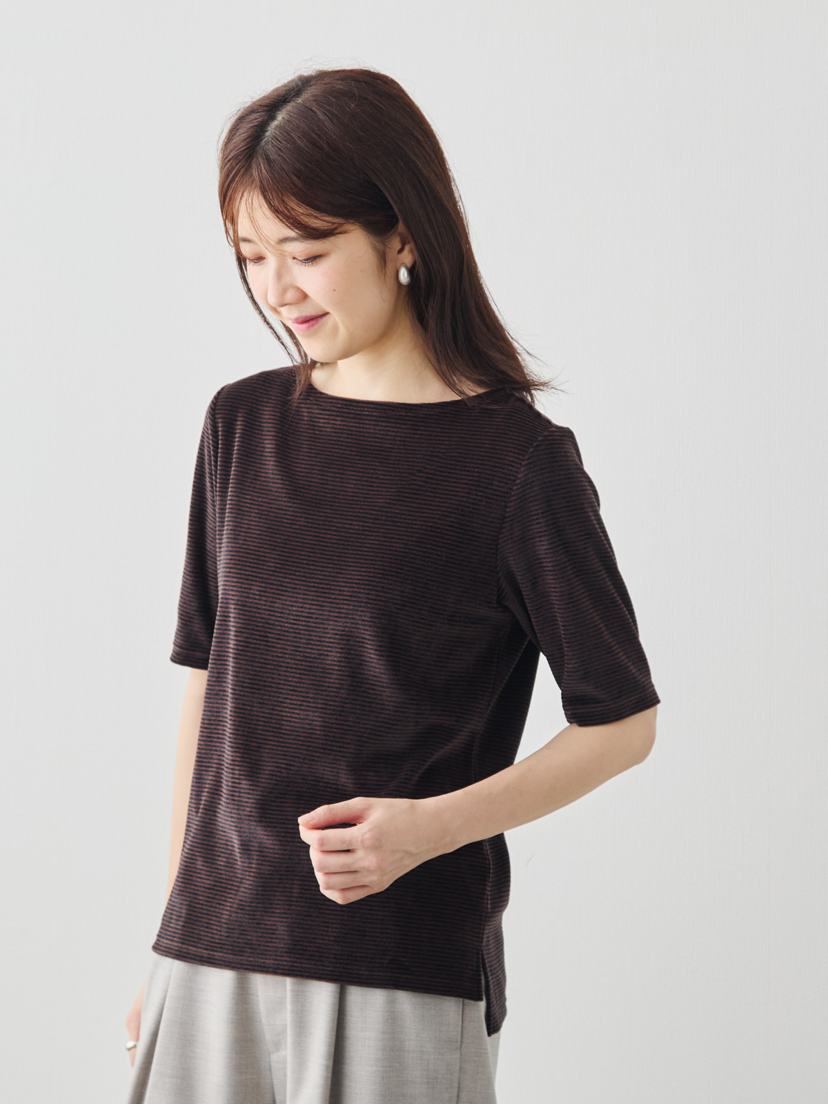 コットンベロア5分袖Tシャツ/ブラウン モデル 171cm サイズ 38