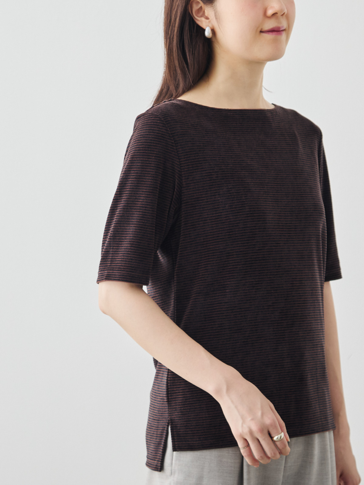 コットンベロア5分袖Tシャツ/ブラウン モデル 171cm サイズ 38