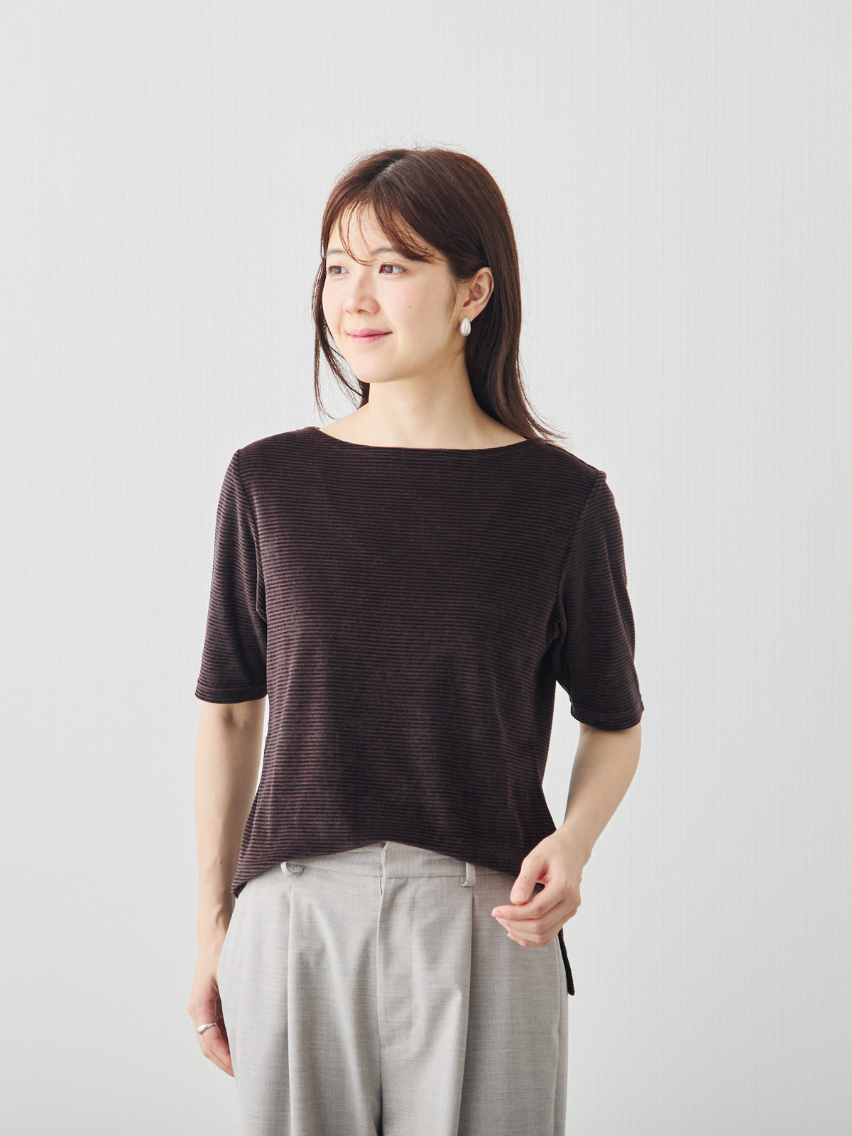 コットンベロア5分袖Tシャツ/ブラウン モデル 171cm サイズ 38