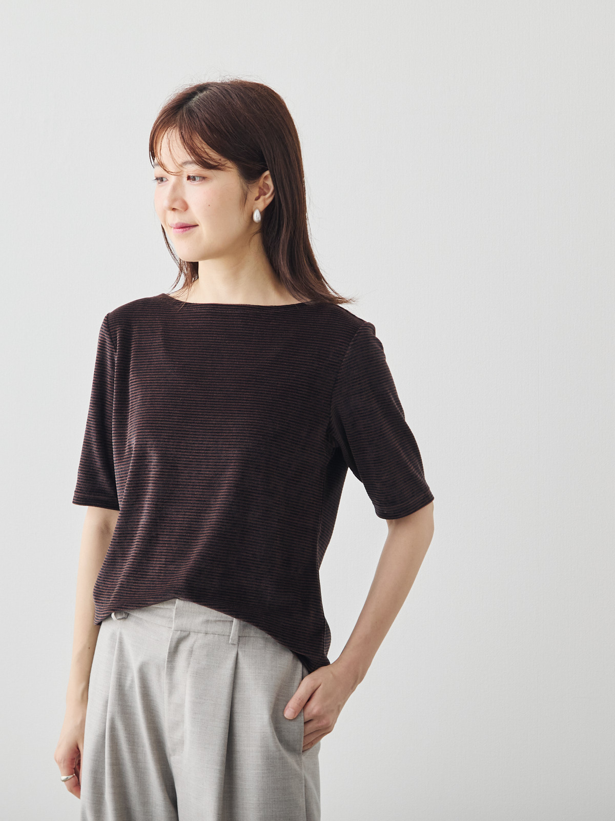 コットンベロア5分袖Tシャツ/ブラウン モデル 171cm サイズ 38