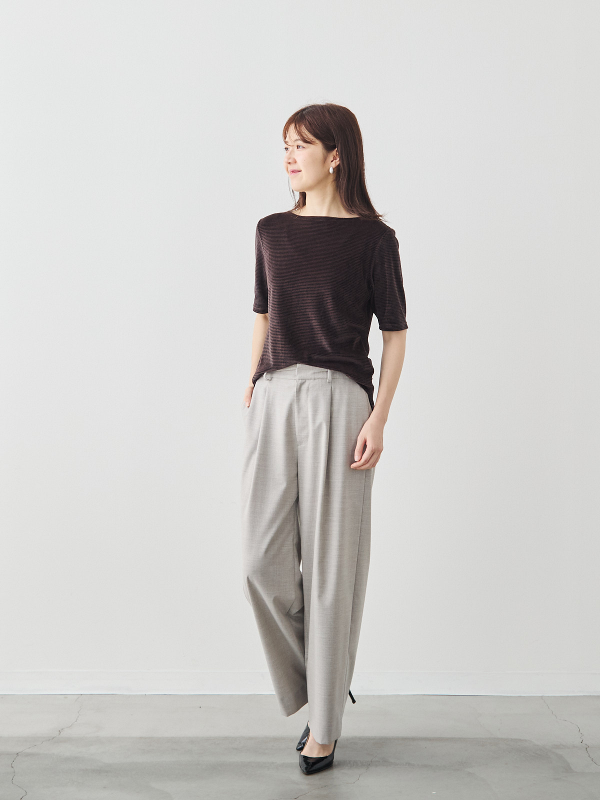 コットンベロア5分袖Tシャツ/ブラウン モデル 171cm サイズ 38