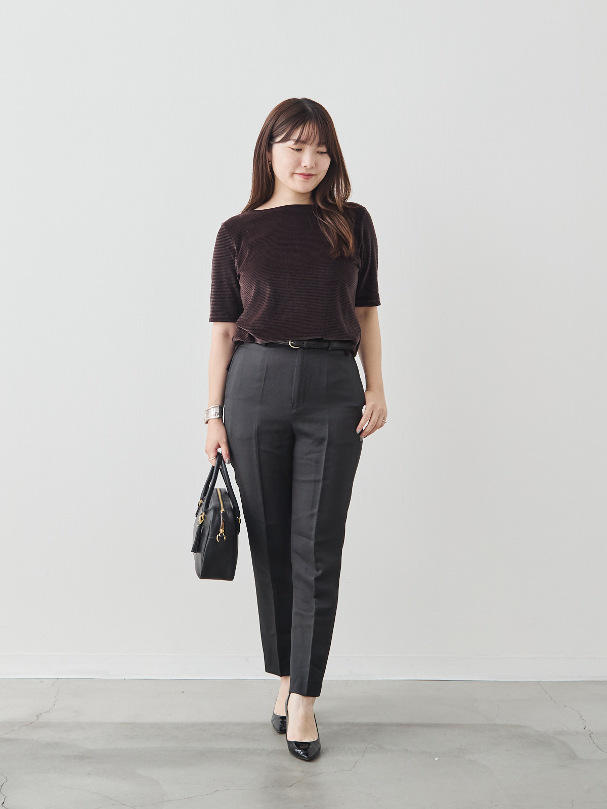 コットンベロア5分袖Tシャツ/ブラウン モデル 164cm サイズ 40