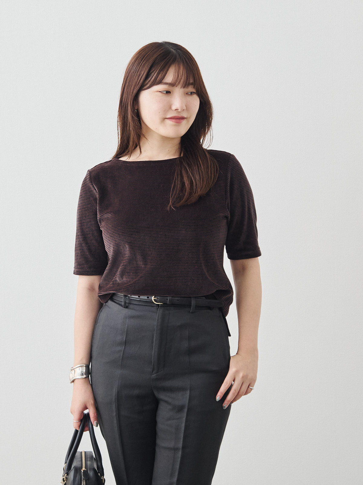 コットンベロア5分袖Tシャツ/ブラウン モデル 164cm サイズ 40