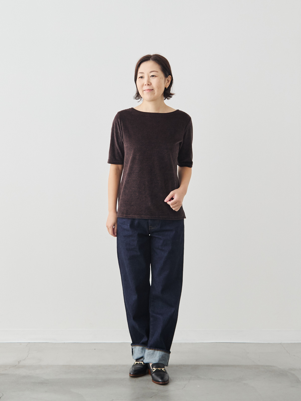 コットンベロア5分袖Tシャツ/ブラウン モデル 156cm サイズ 36