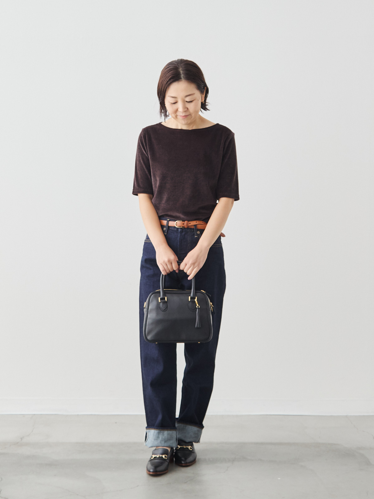 コットンベロア5分袖Tシャツ/ブラウン モデル 156cm サイズ 36