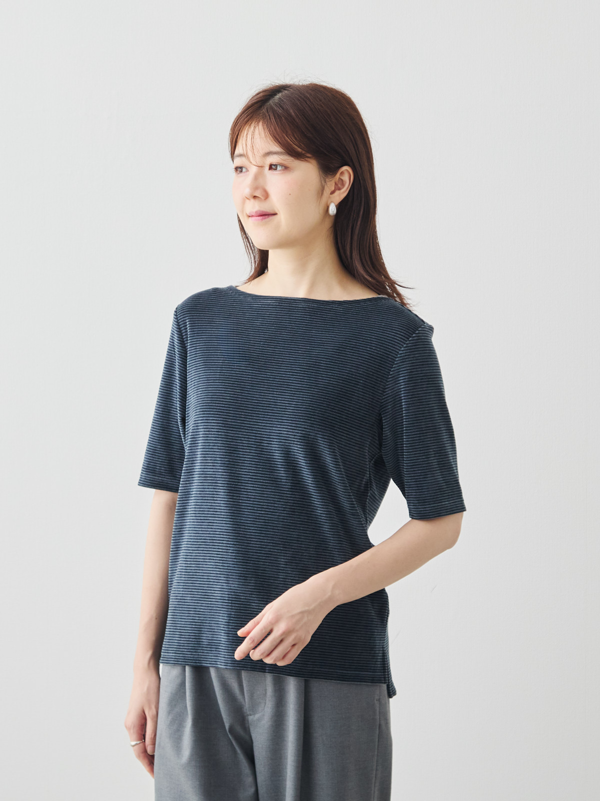 コットンベロア5分袖Tシャツ/ネイビー モデル 171cm サイズ 38