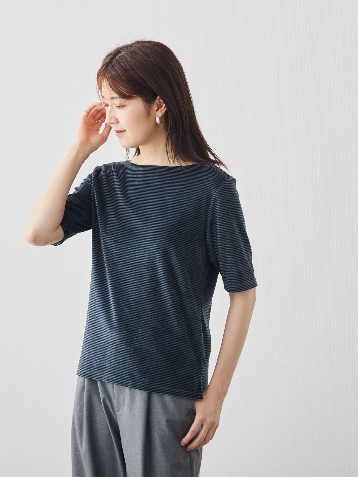 コットンベロア5分袖Tシャツ/ネイビー モデル 171cm サイズ 38