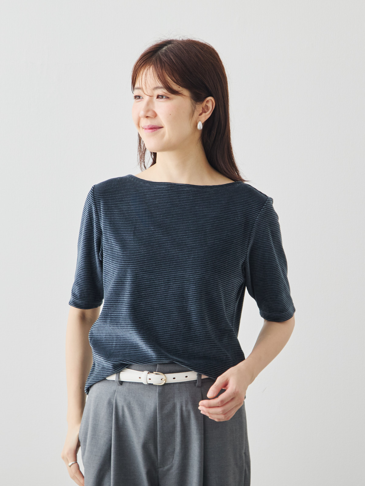 コットンベロア5分袖Tシャツ/ネイビー モデル 171cm サイズ 38