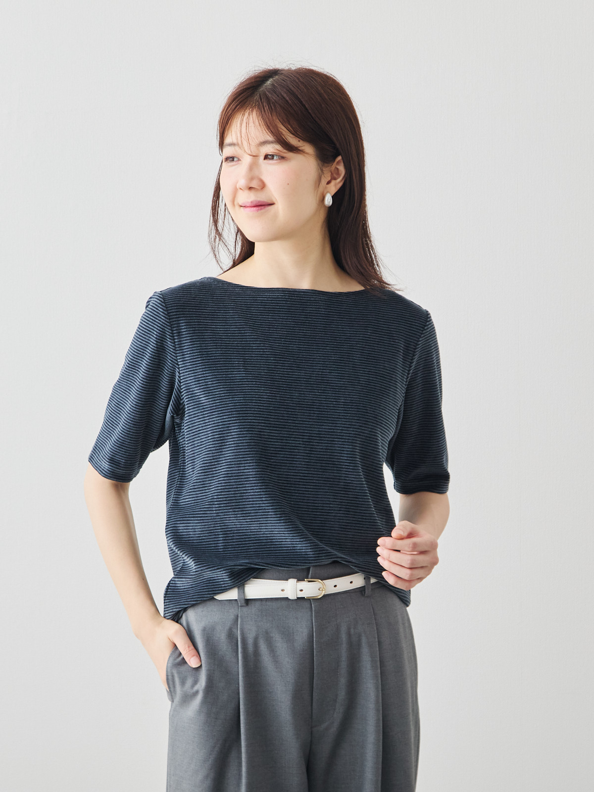 コットンベロア5分袖Tシャツ/ネイビー モデル 171cm サイズ 38