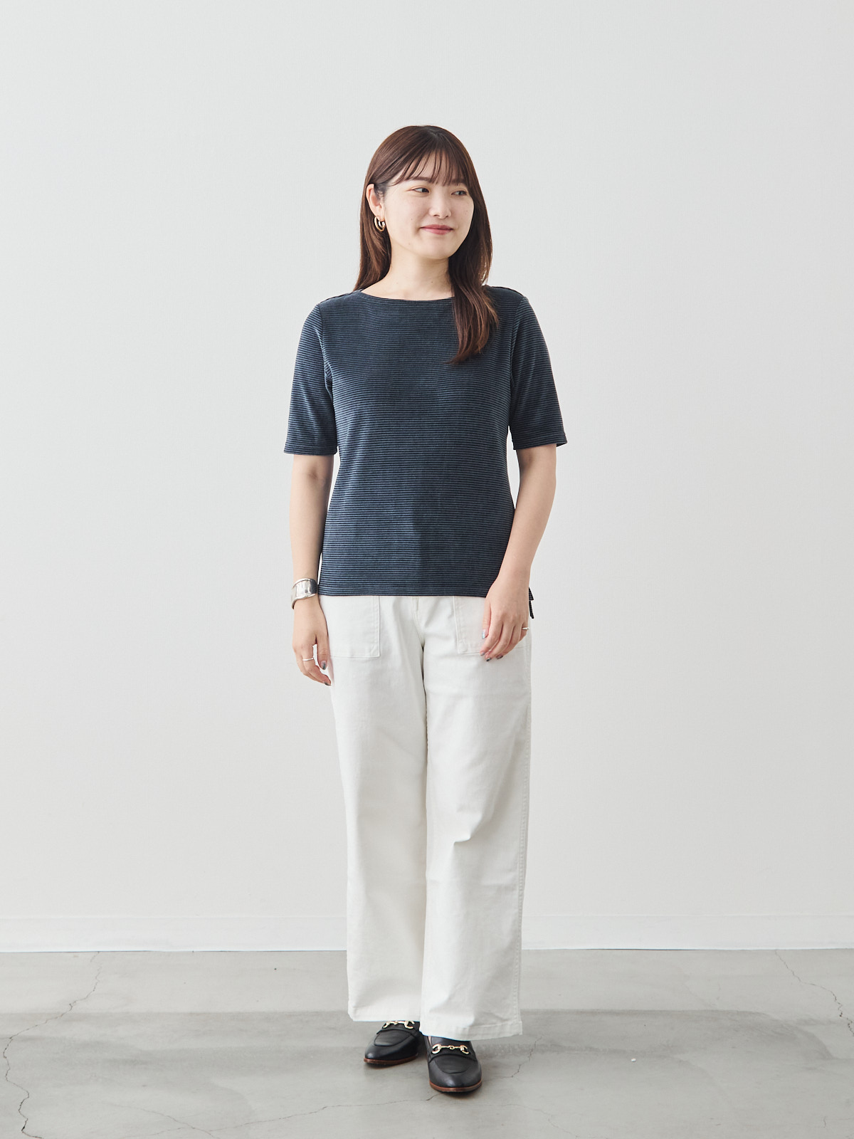コットンベロア5分袖Tシャツ/ネイビー モデル 164cm サイズ 40