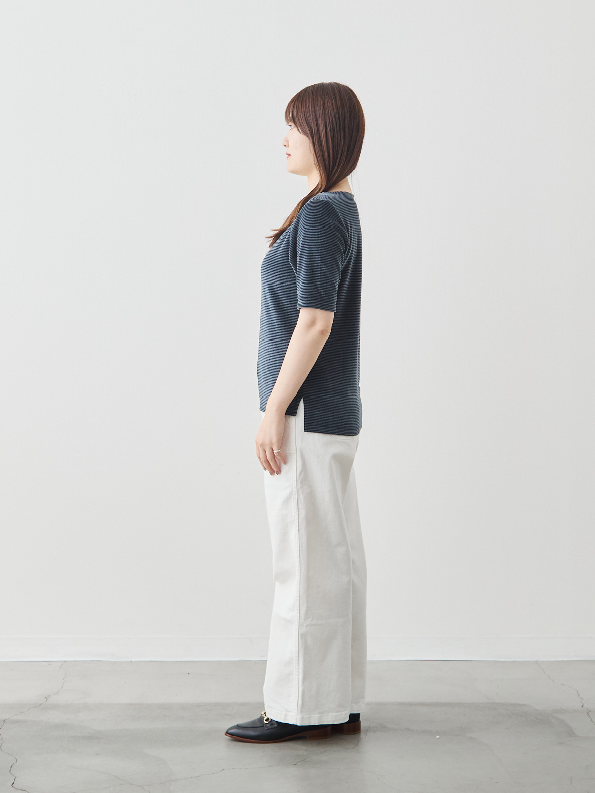 コットンベロア5分袖Tシャツ/ネイビー モデル 164cm サイズ 40