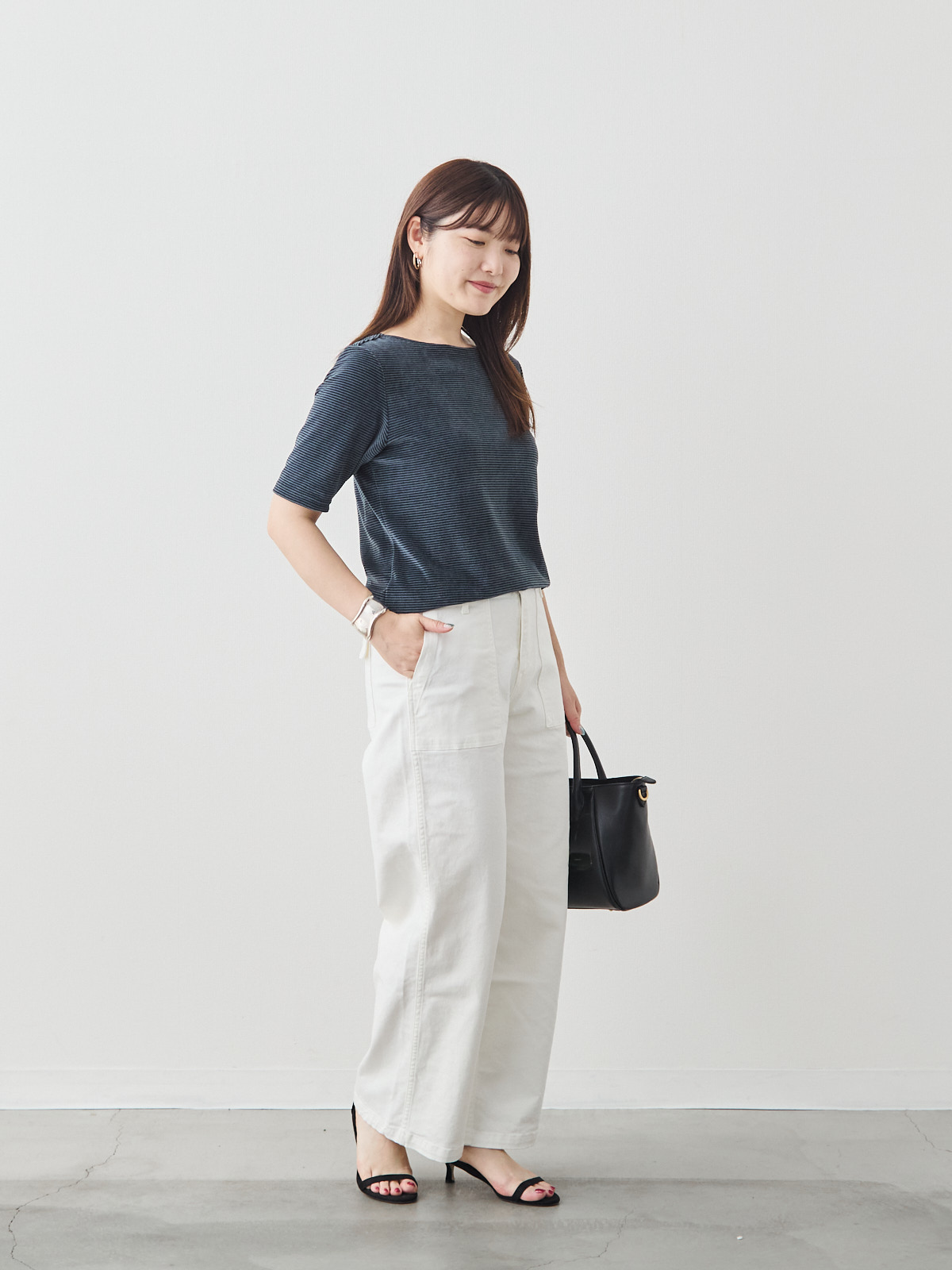 コットンベロア5分袖Tシャツ/ネイビー モデル 164cm サイズ 40