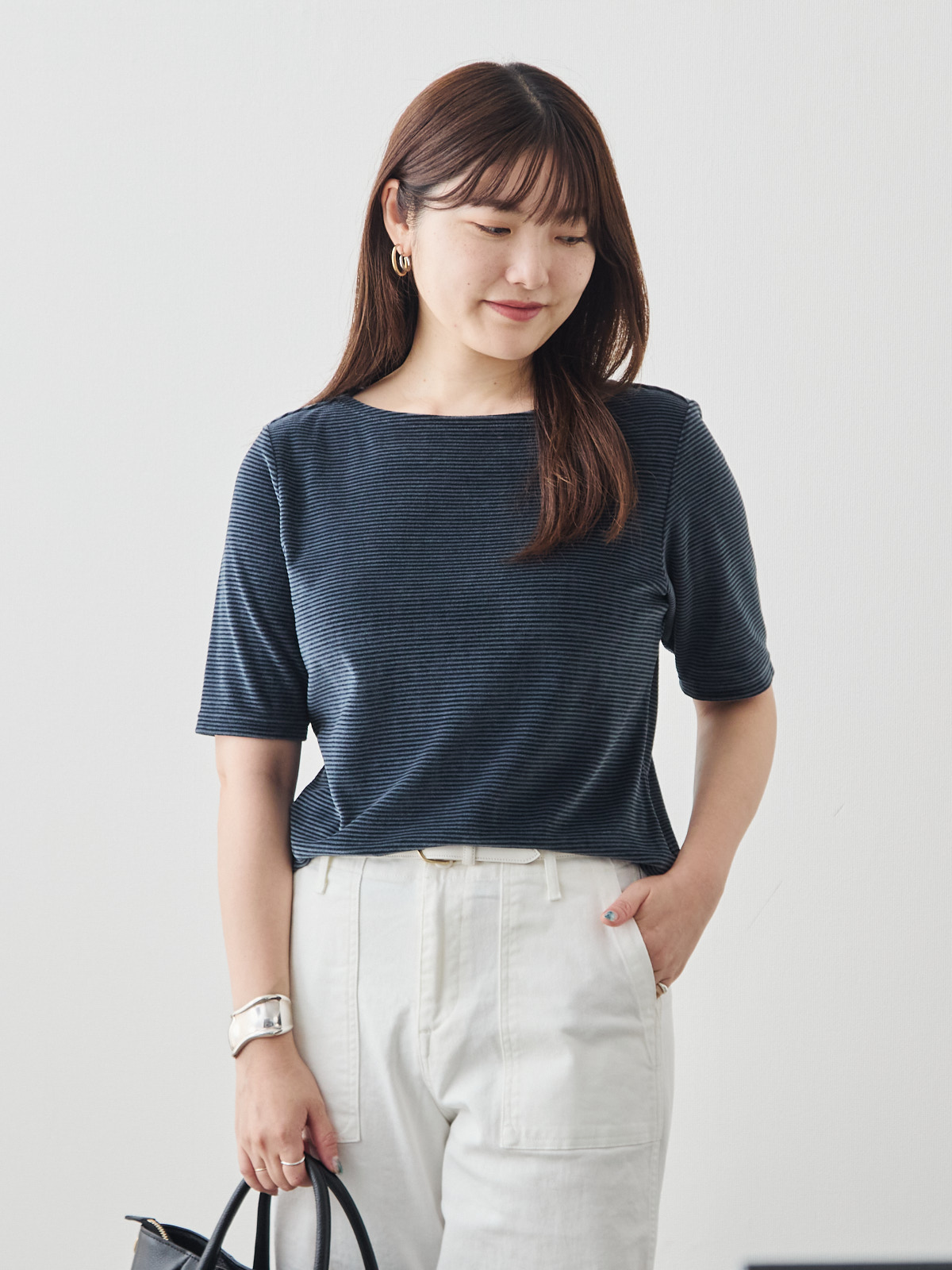 コットンベロア5分袖Tシャツ/ネイビー モデル 164cm サイズ 40