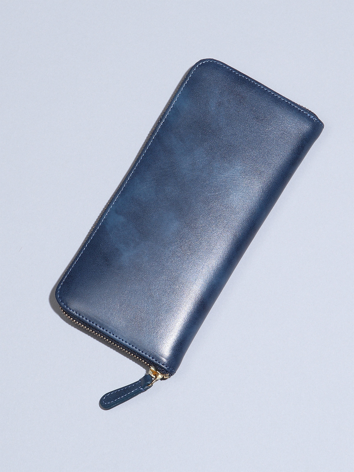ムラ染めオリーブレザー長財布/ブルー