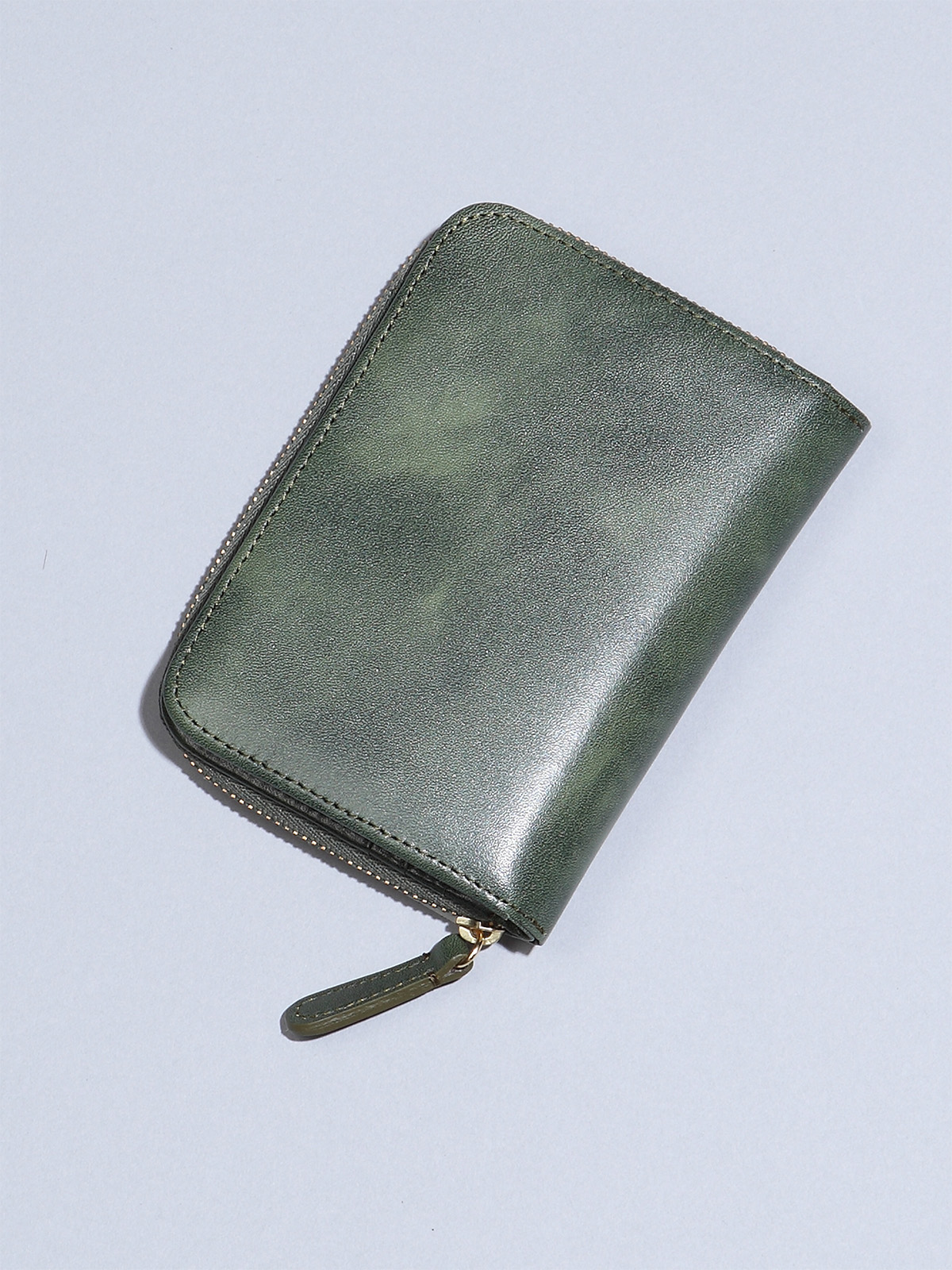 ムラ染めオリーブレザー二つ折り財布/グリーン
