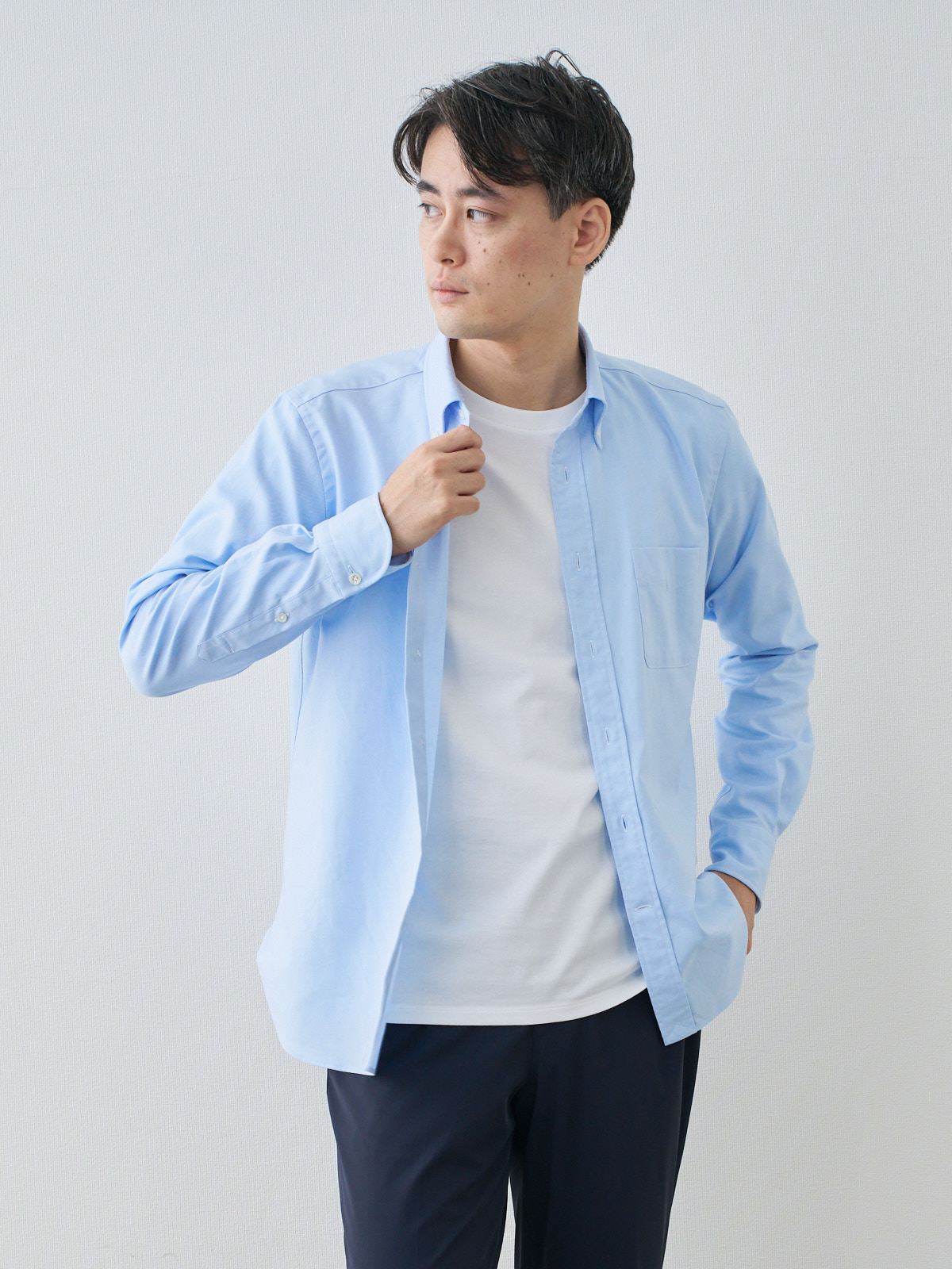 プレミアムオックスフォードシャツ/スリムフィット/サックス モデル 181cm 71kg ウエスト82cm サイズ L
