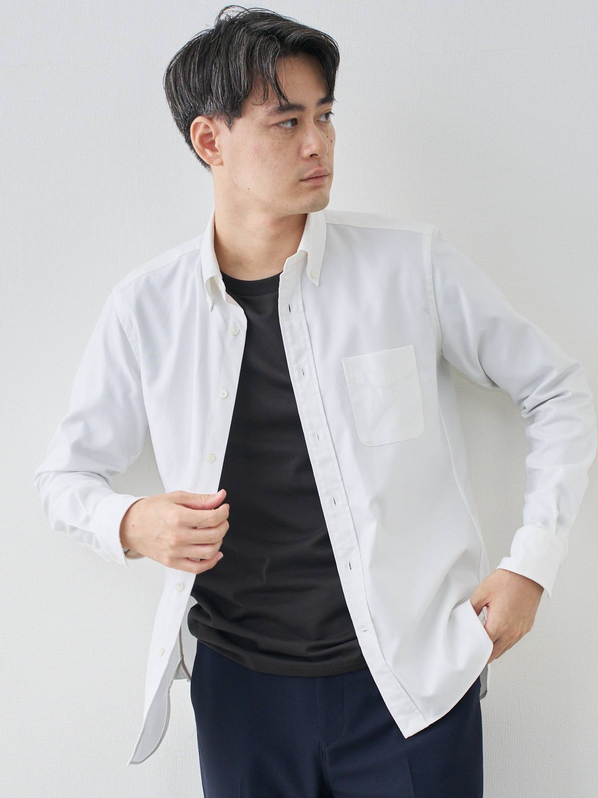 プレミアムオックスフォードシャツ/スリムフィット/ホワイト モデル 181cm 71kg ウエスト82cm サイズ L